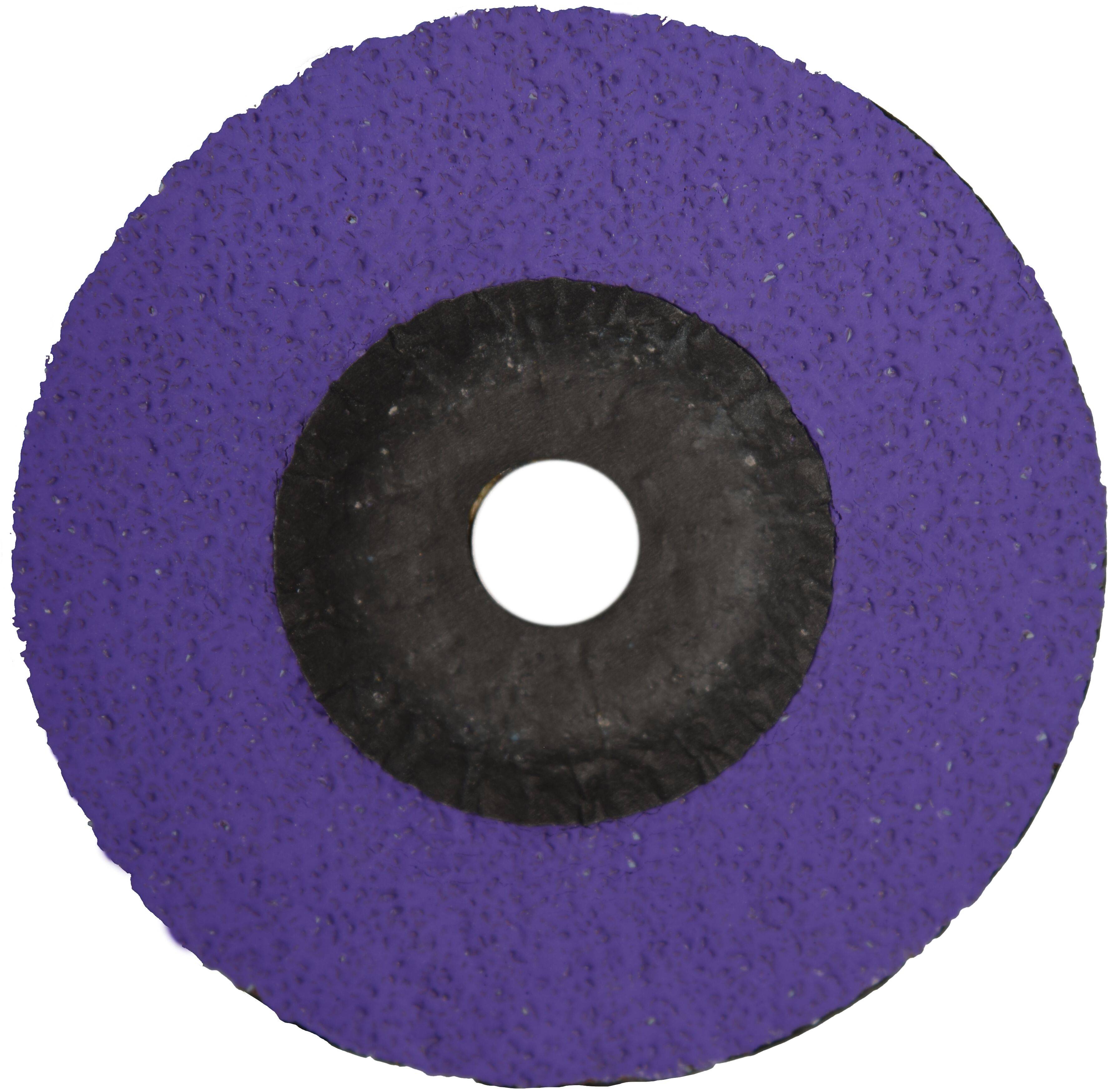 Eine lila Schleifscheibe mit einem zentralen schwarzen Kreis und einem Loch in der Mitte, die zum Glätten oder Schneiden von Oberflächen verwendet wird.