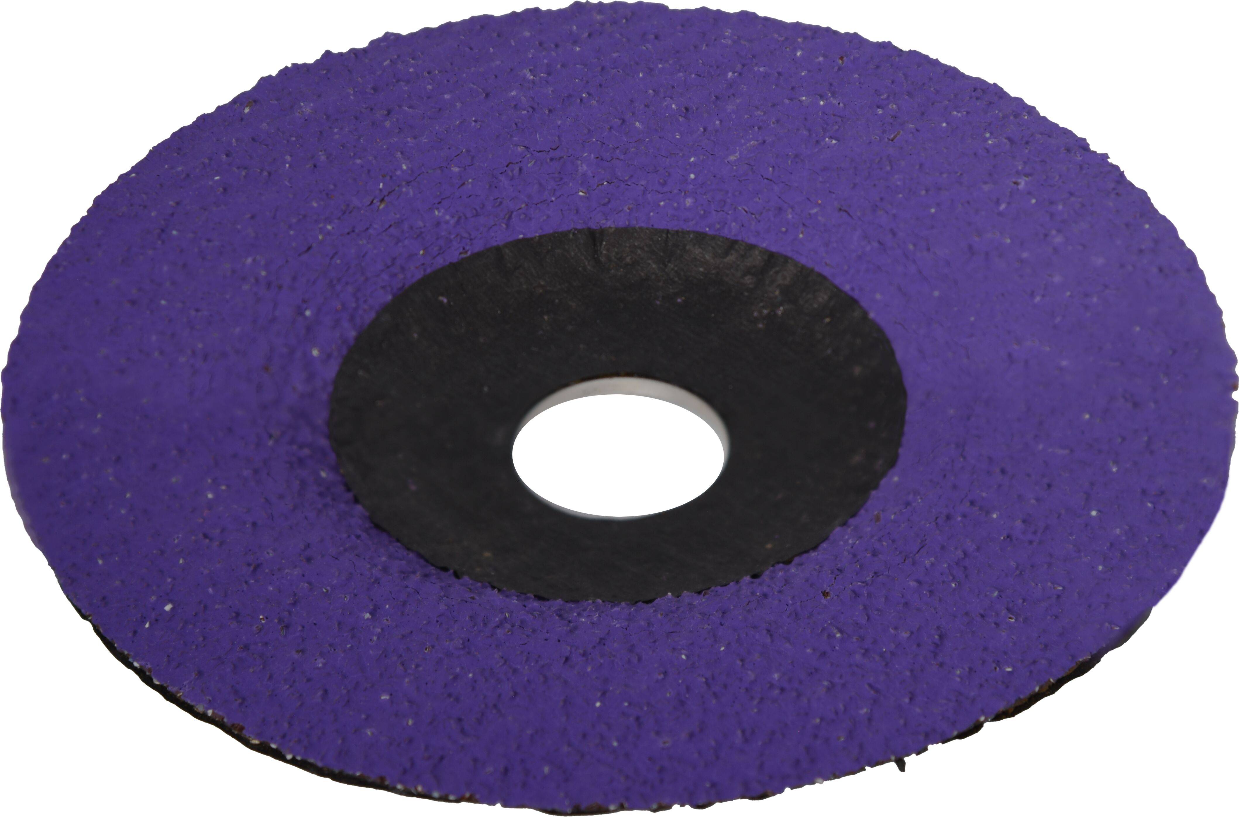 Eine lila Schleifscheibe mit einem zentralen Loch, die typischerweise zum Schleifen oder Schmirgeln von Oberflächen verwendet wird.