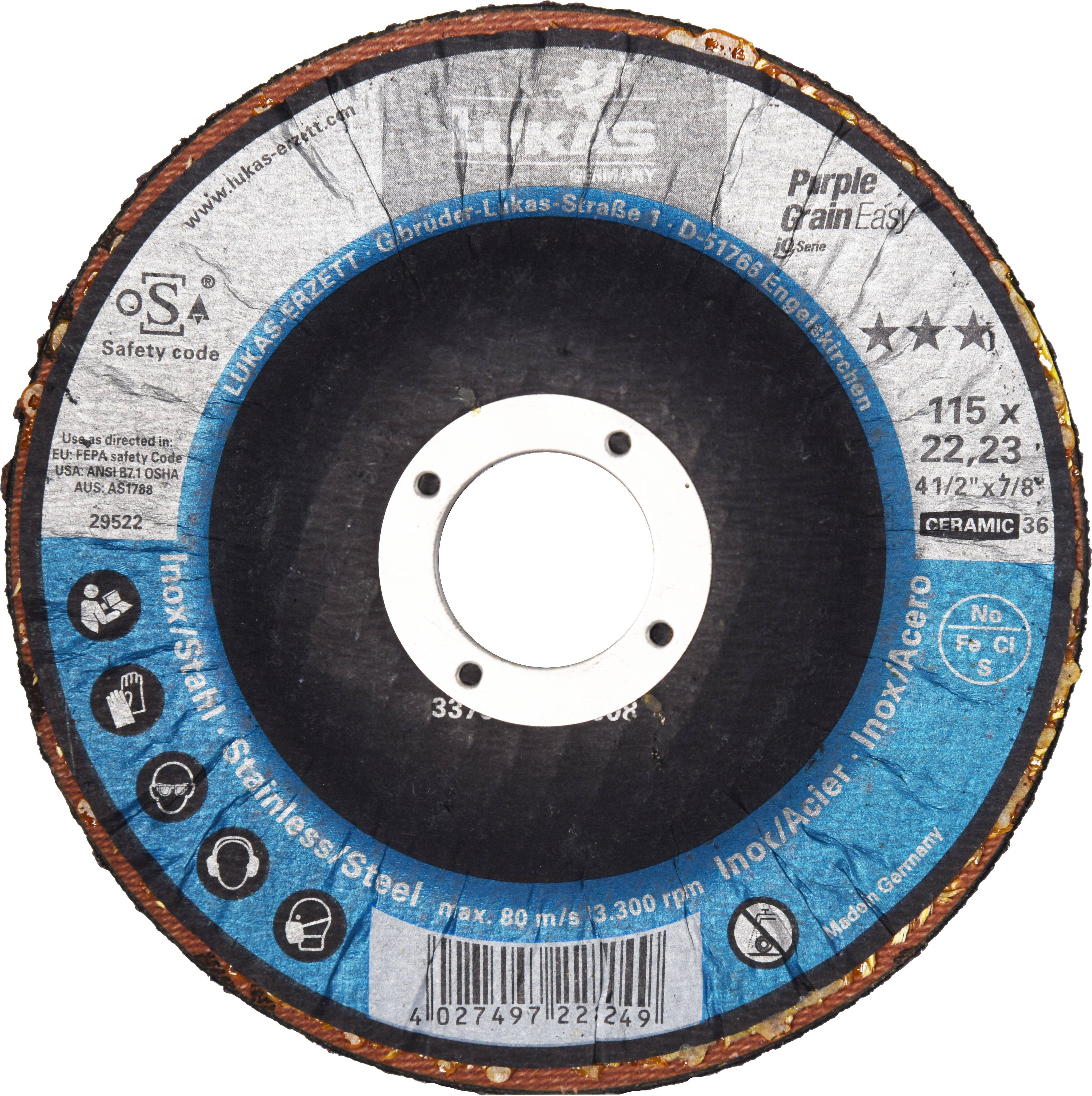 Trennscheibe beschriftet mit 'Inox/Acier/Inox/Acero' für Edelstahl, Größe 115 x 22,23 mm, Keramik Korn 36, maximale Geschwindigkeit 80 m/s, 12.300 U/min.