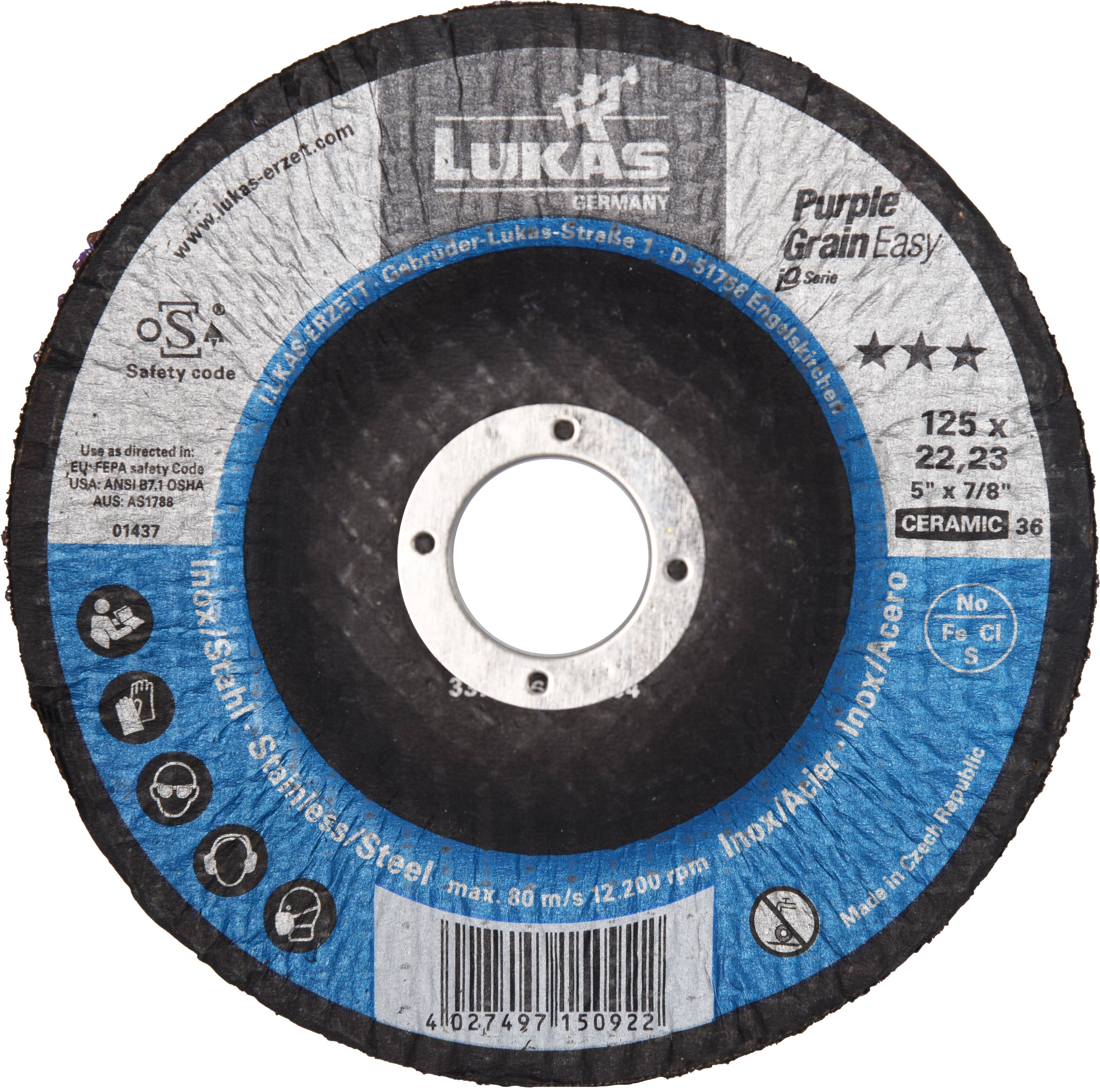 Ein Trennschleifscheibe mit der Bezeichnung 'Lukas Ceramic', geeignet für Edelstahl, mit den Abmessungen 125 x 22,23 mm, max. 80 m/s, 12.200 U/min.