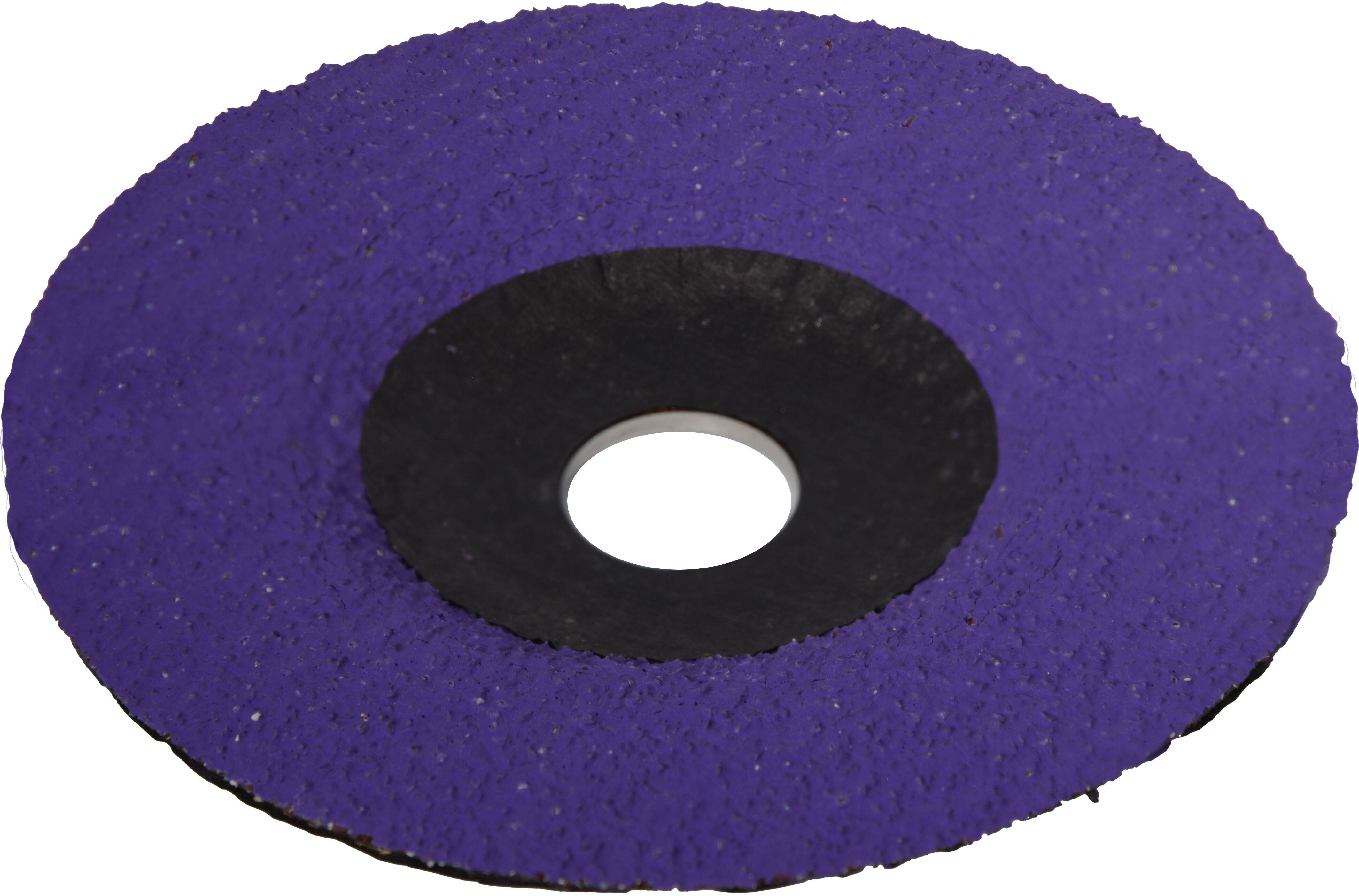 Eine lila Schleifscheibe mit schwarzem Zentralring und Loch, die in der Metallbearbeitung zum Schneiden oder Formen von Materialien verwendet wird.