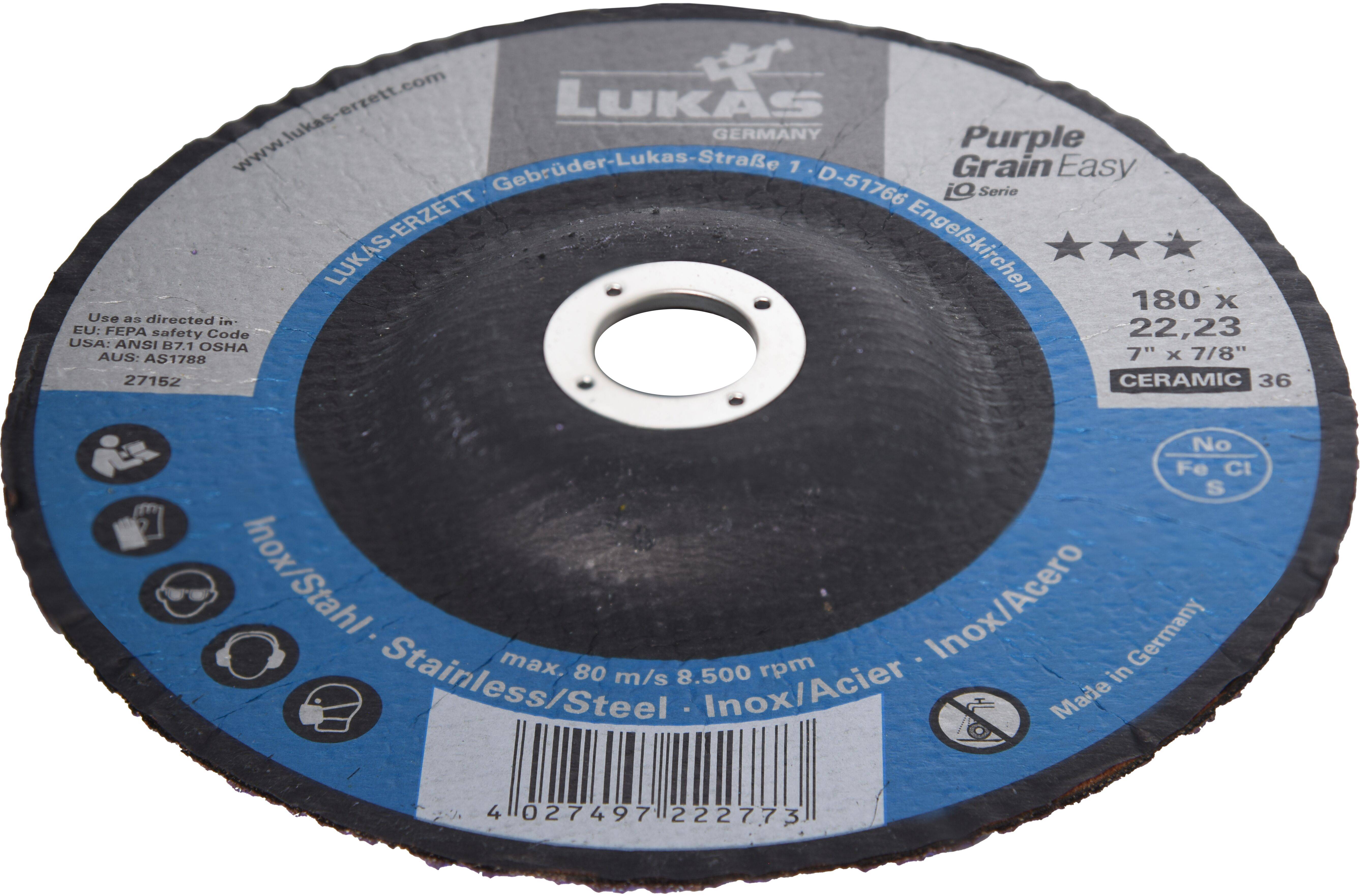 LUKAS Purple Grain Easy Lamellenschleifscheibe für Metallschliff, 180 mm Durchmesser, 80 m/s, geeignet für Edelstahl; Keramik-Körnung 36.