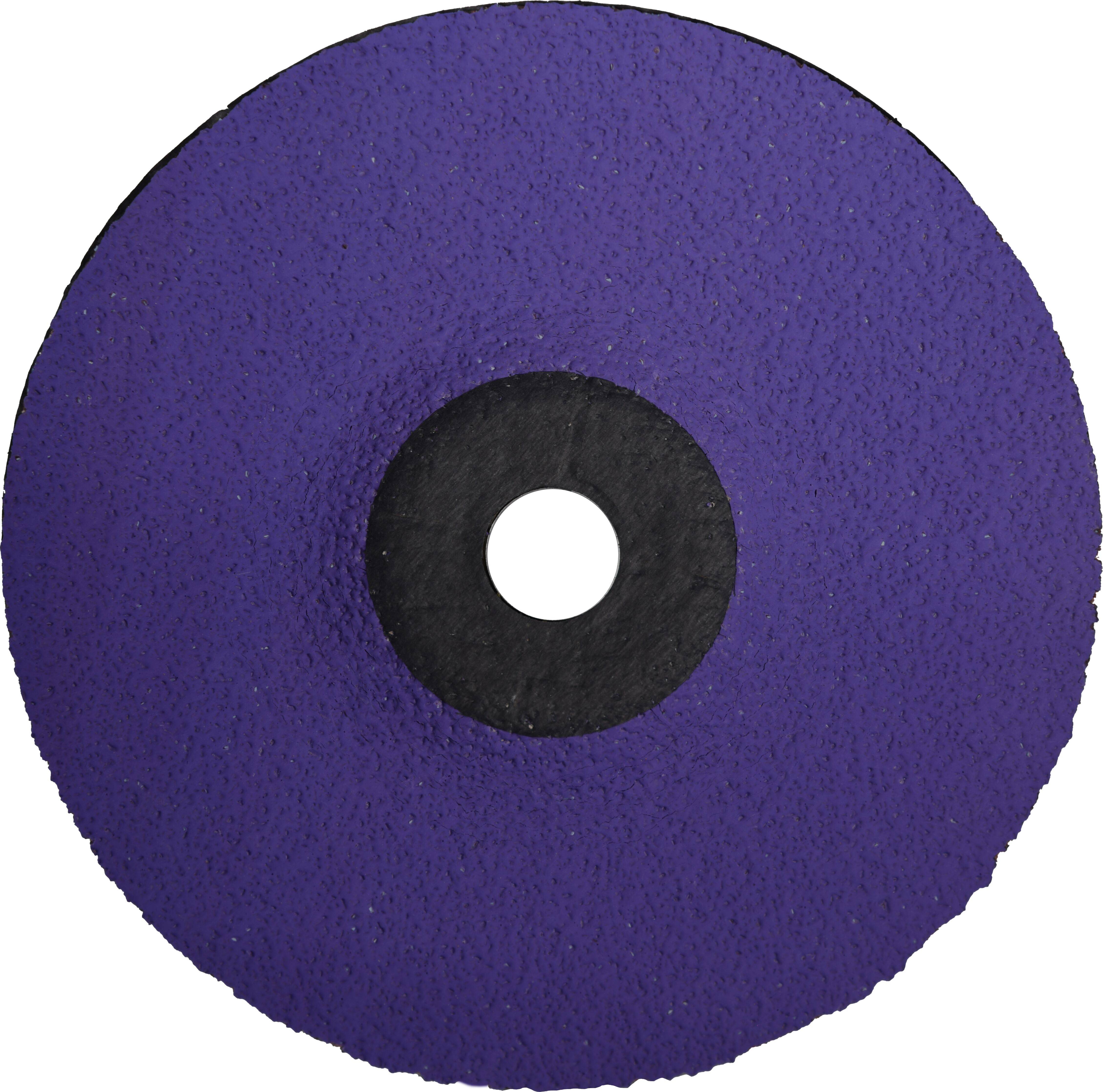 Eine runde, flache Scheibe mit einer lila Oberfläche und einem schwarzen Kern, die einem Schleifrad oder einer Schleifscheibe ähnelt.