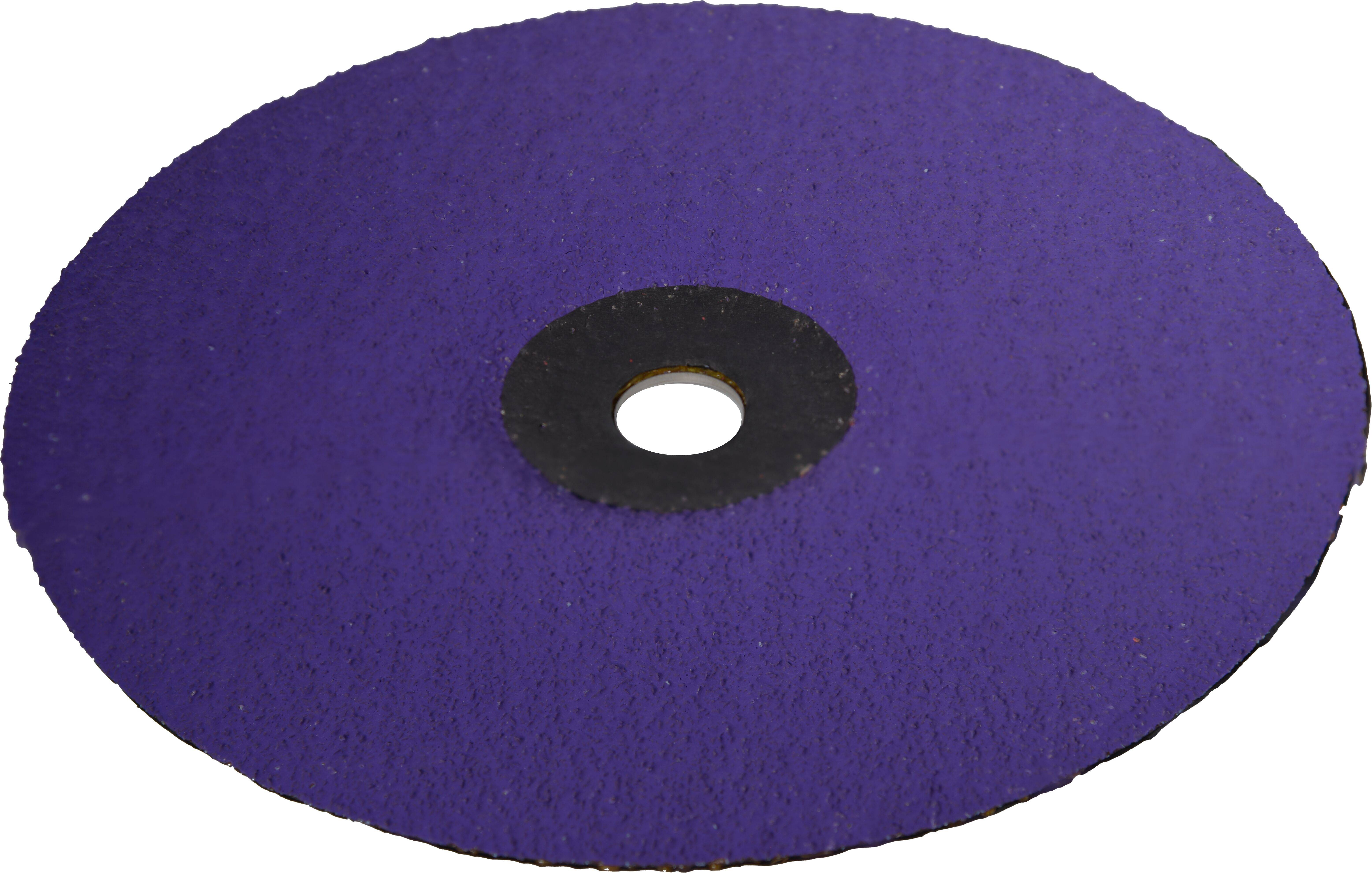 Eine kreisförmige, lila Schleifscheibe mit einem zentralen Loch, die zum Schleifen verschiedener Materialien verwendet wird.