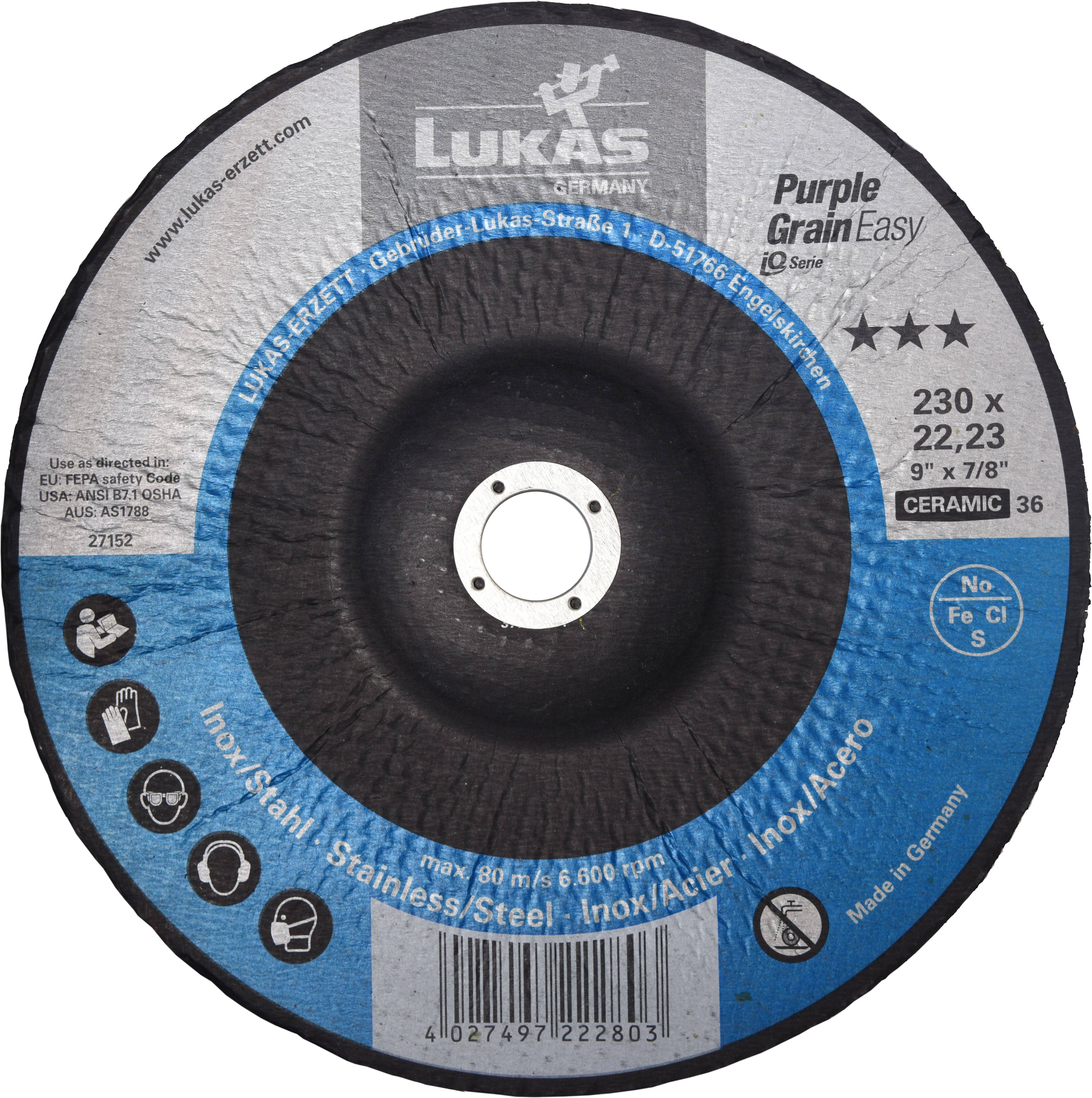Trennscheibe von 'Lukas Germany', entwickelt für Edelstahl, Durchmesser 230 mm, maximale Drehzahl 6600 U/min, Keramikkorn, hergestellt in Deutschland.