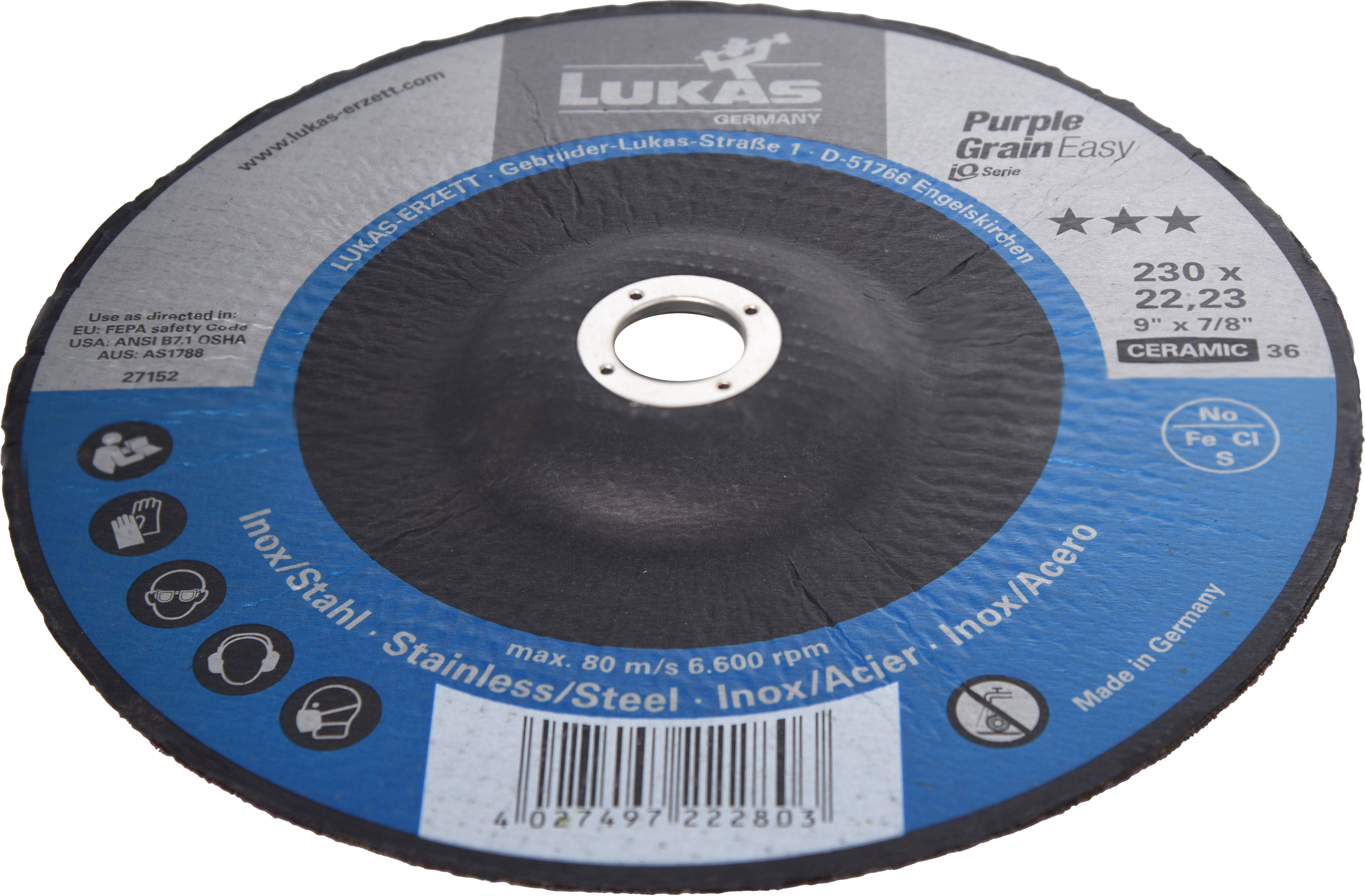 Trennscheibe der Marke 'Lukas' für Edelstahl, max. 80 m/s, mit 'Purple Grain Easy' Kennzeichnung. Made in Germany, Größe 230 x 22,23 mm.
