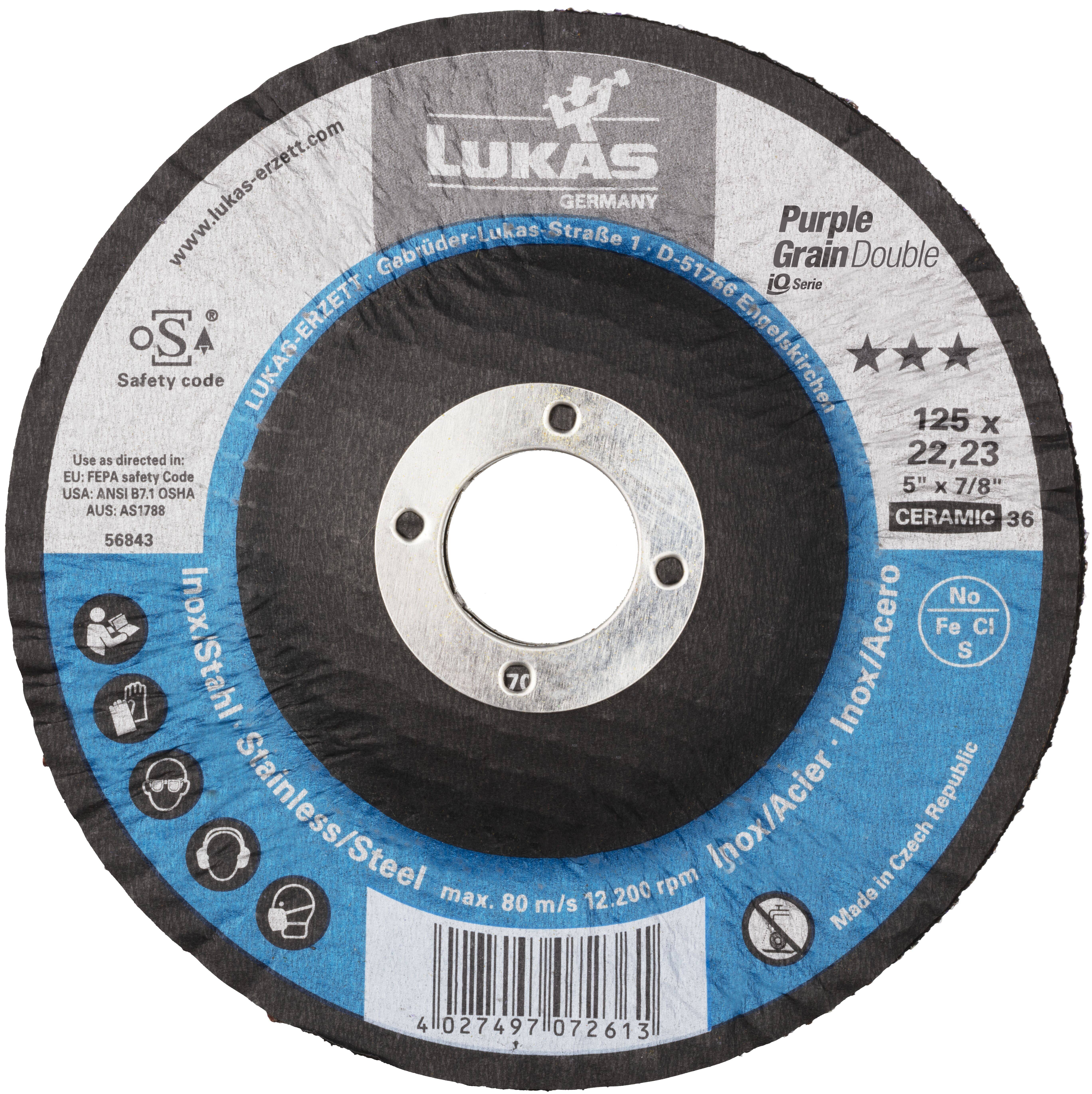 Trennscheibe aus Schleifmaterial mit der Bezeichnung 'Lukas', entwickelt für Metall, Edelstahl und Inox. Spezifikationen: 125x22,23, 5