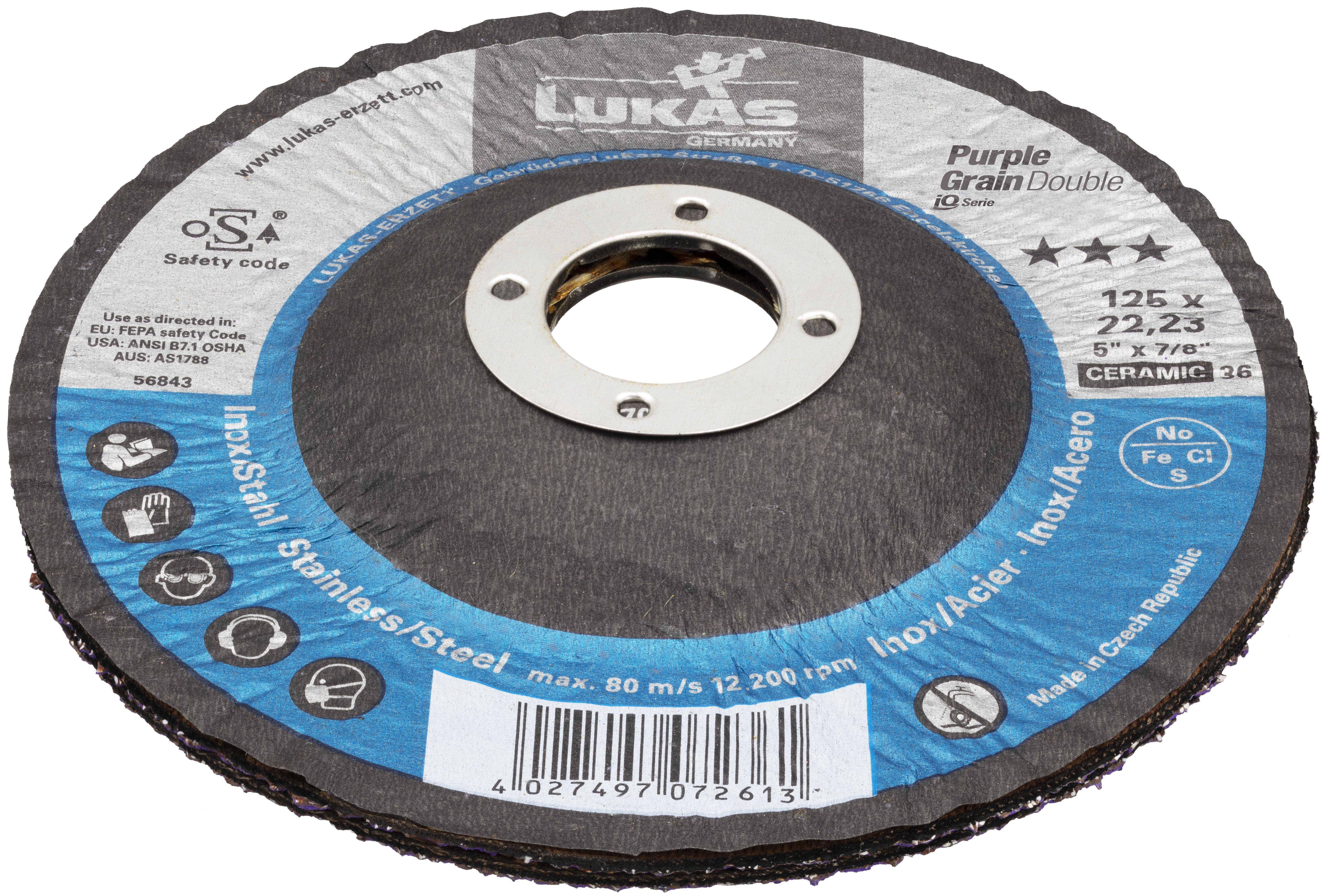 Ein Schleifdisc von LUKAS Germany mit den Spezifikationen: '125 x 22,23, Keramik 36'. Geeignet für Edelstahl und Inoxmaterialien.