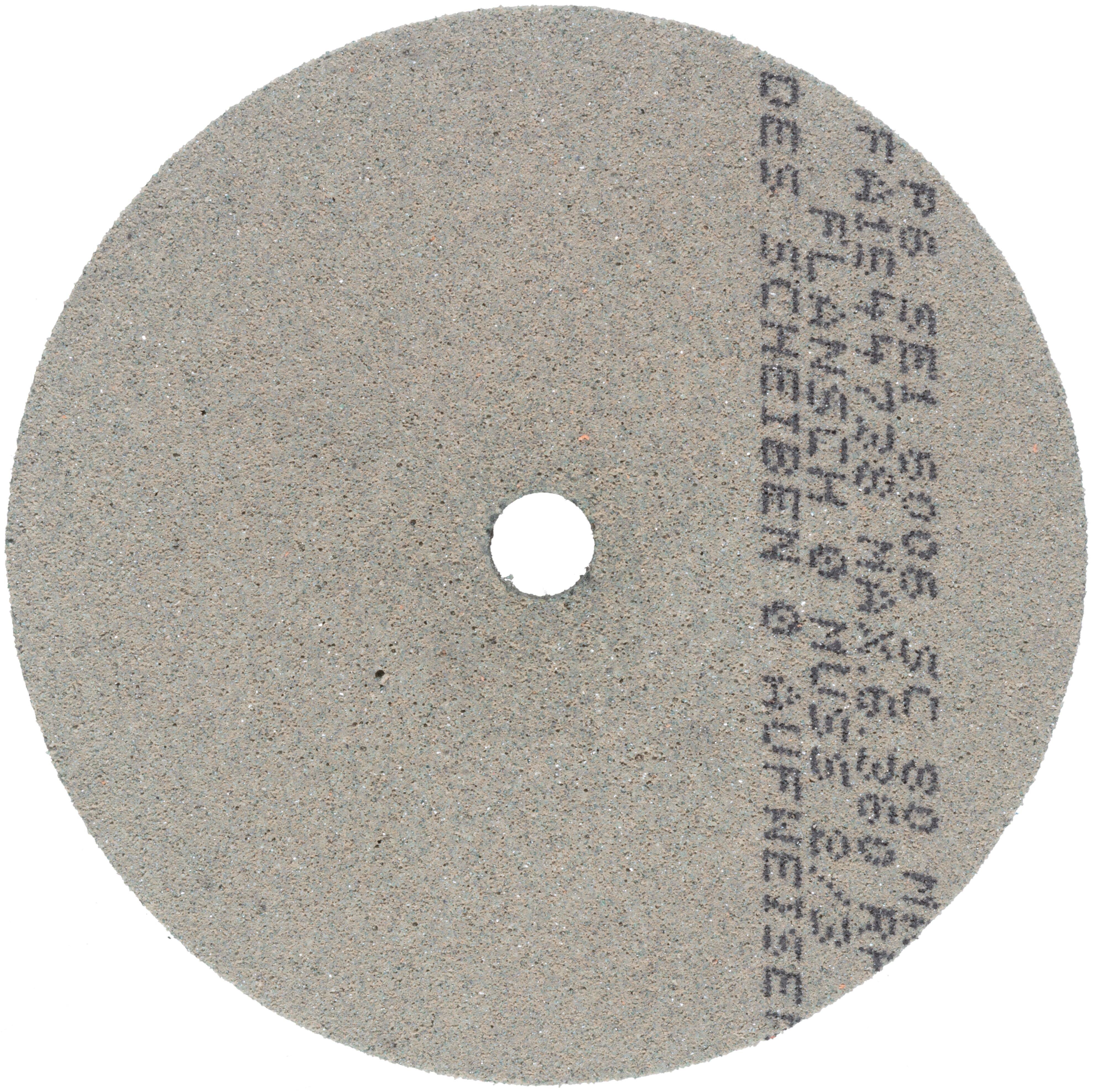 Eine runde, graue Schleifscheibe mit einem Loch in der Mitte und in kreisförmigem Muster aufgedruckten Text, der Spezifikationen anzeigt.
