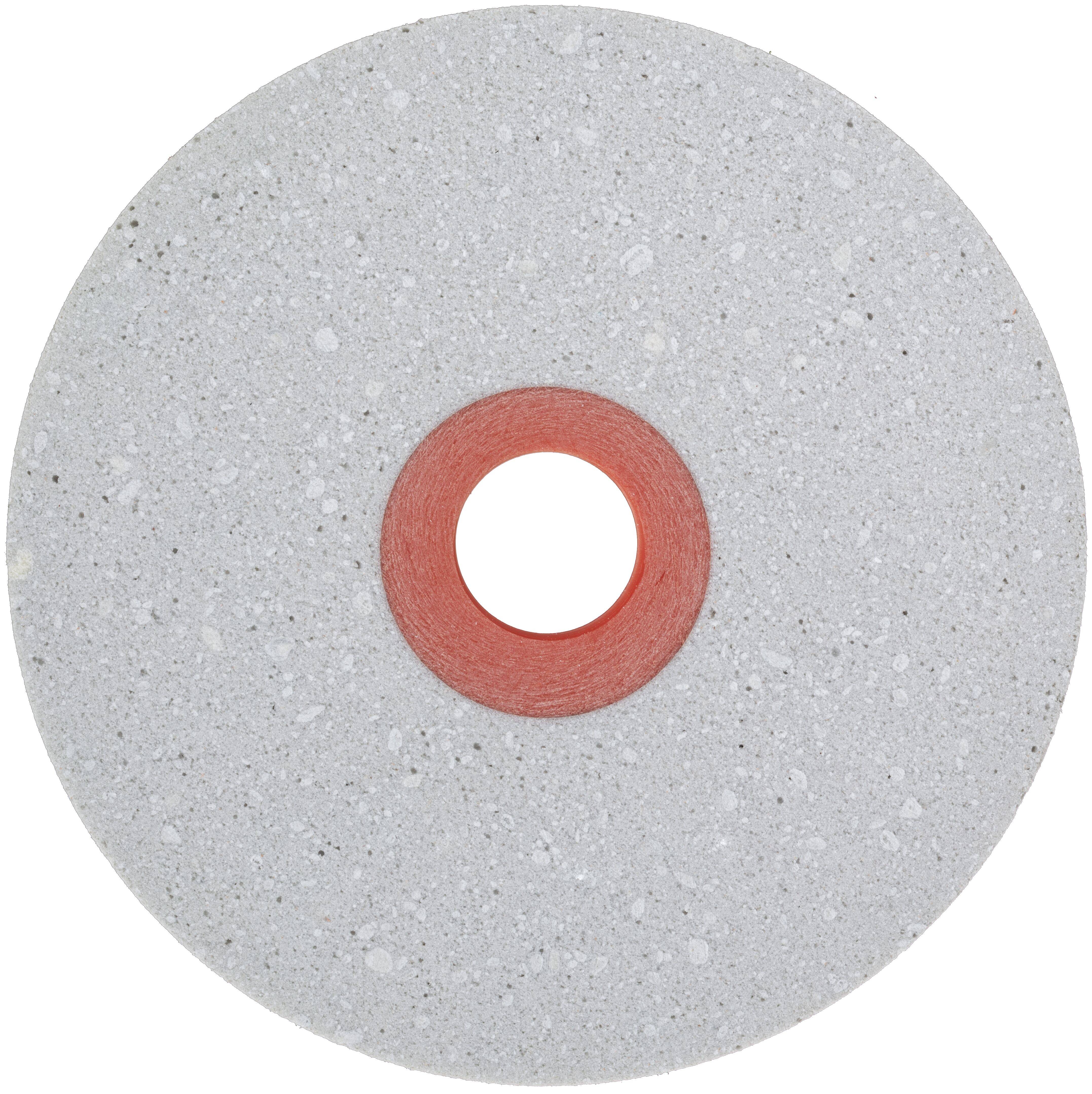 Ein runder Schleifstein mit einer grauen, strukturierten Oberfläche und einem roten Kreiszentrum, der zum Schleifen und Schärfen von Werkzeugen verwendet wird.