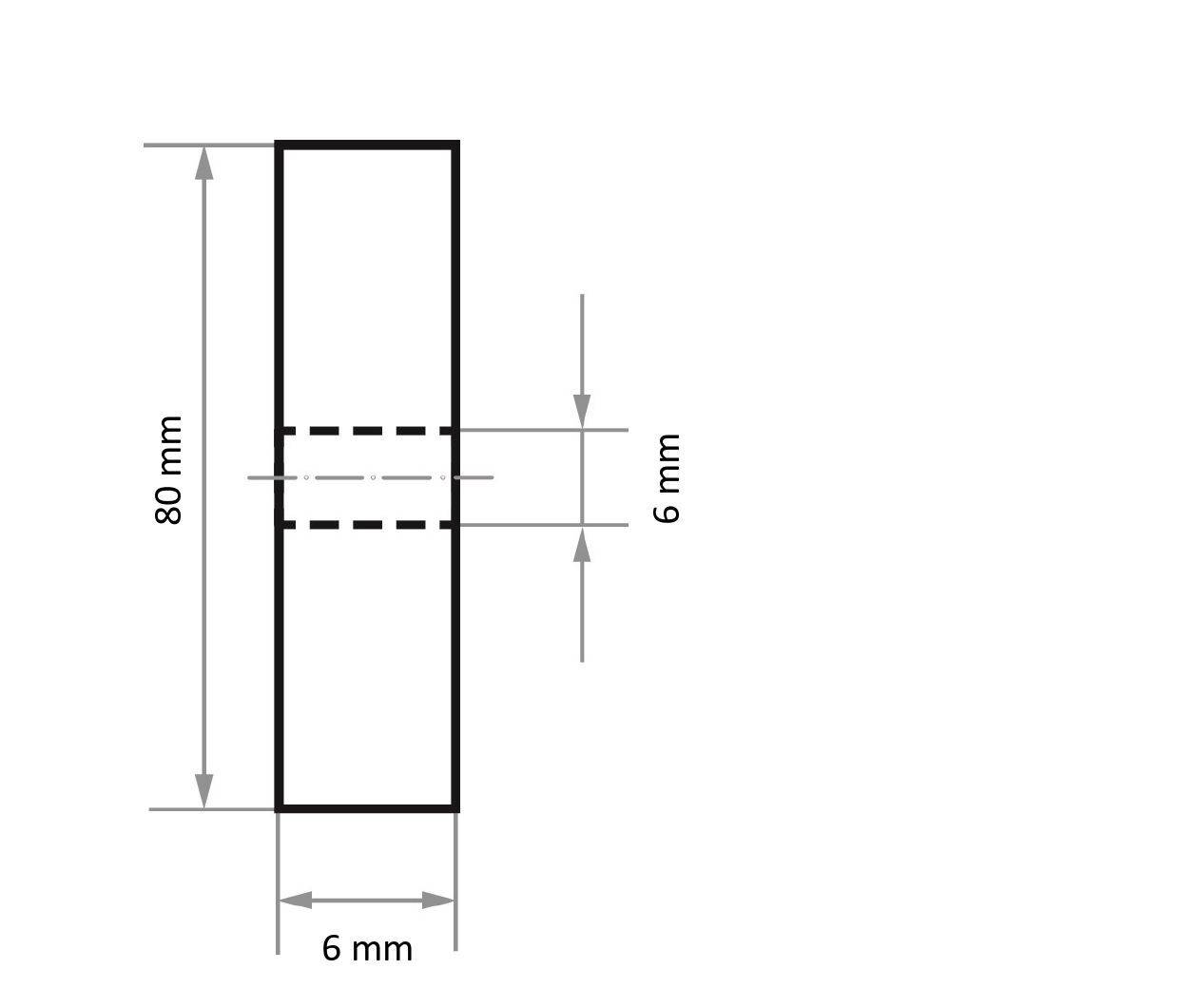 Technische Zeichnung eines rechteckigen Objekts mit einer Höhe von 80 mm, einer Breite von 6 mm und einer horizontalen Teilungslinie 6 mm von der Oberkante.