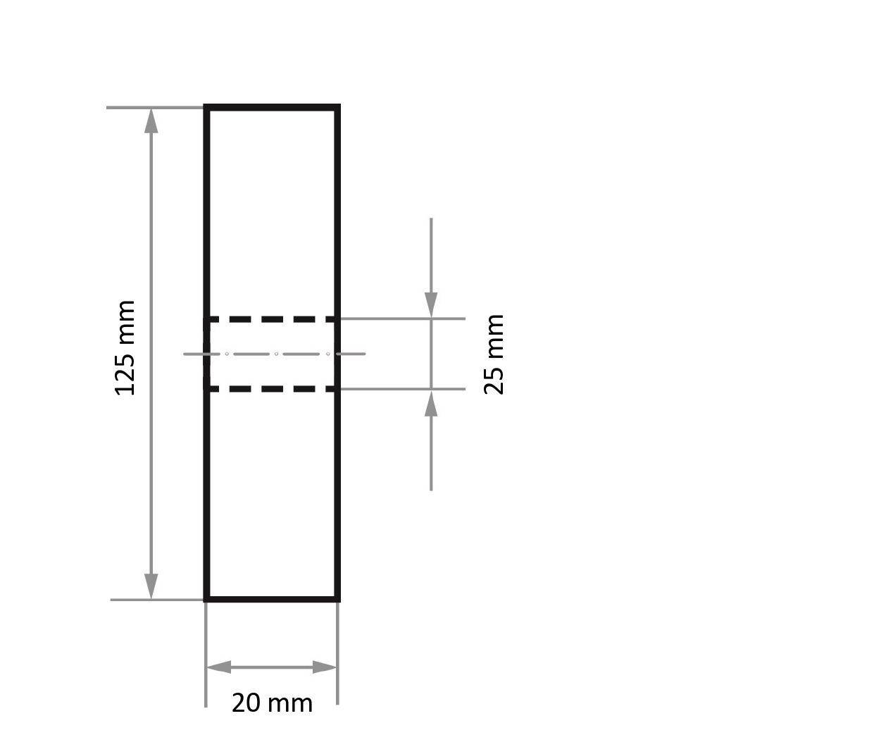 Diagramm eines Rechtecks mit einer Höhe von 125 mm und einer Breite von 20 mm, wobei ein zentraler horizontaler Abschnitt von 25 mm markiert ist.