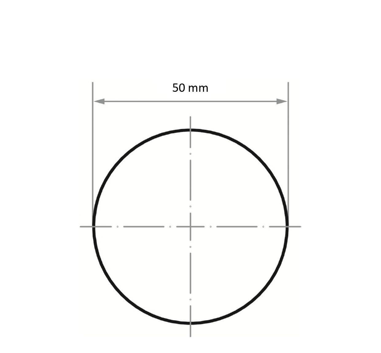 Eine einfache Linienzeichnung eines Kreises mit einer Durchmesserbeschriftung von '50 mm'.
