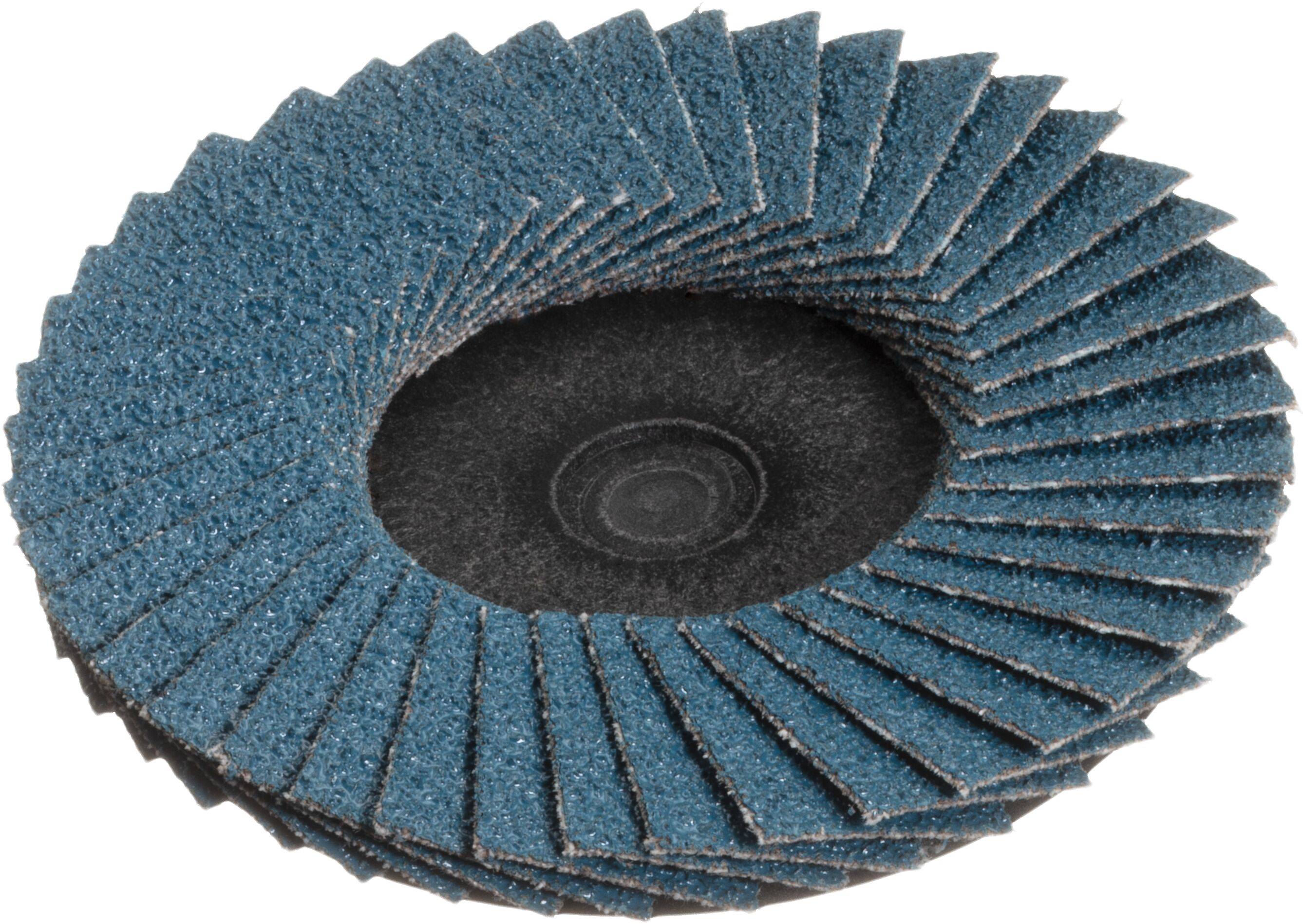 Eine kreisförmige blaue Schleiflamellenscheibe mit überlappenden Lamellen zum Schleifen und Bearbeiten von Oberflächen, mit zentraler Befestigungsbohrung.