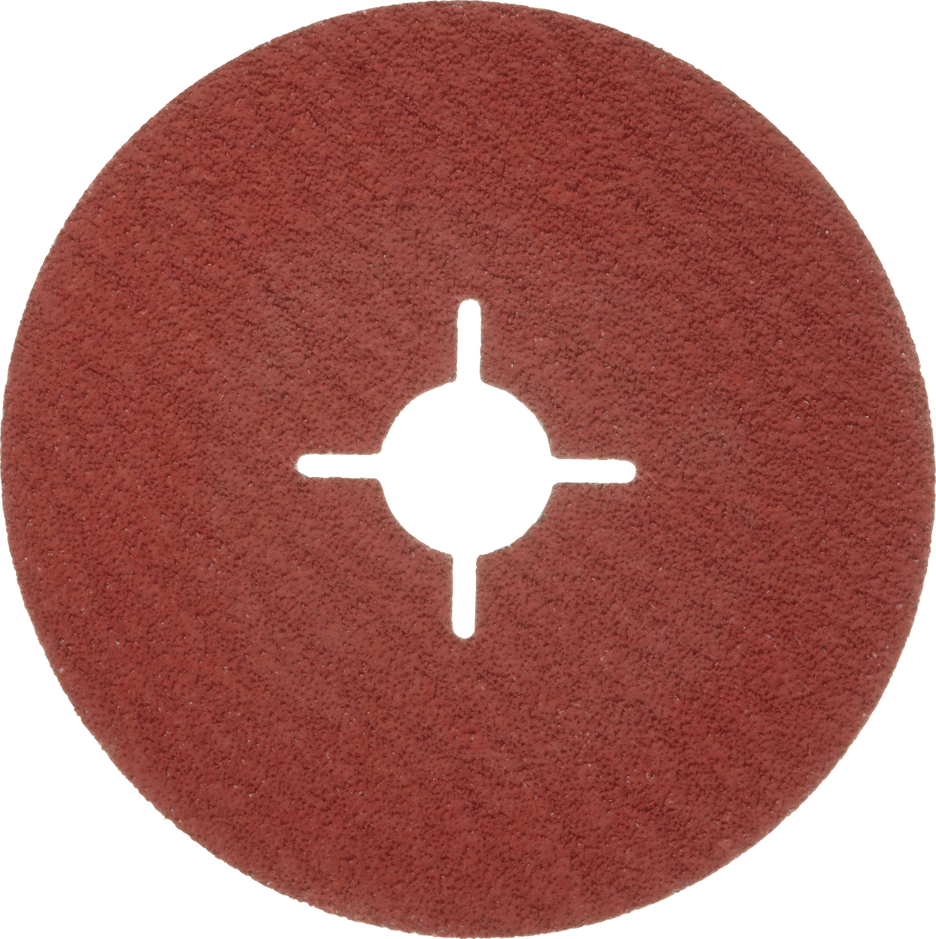 Schleiffasertrennscheibe mit einer kreisförmigen roten Ausführung, die eine zentrale Bohrung und einen kreuzförmigen Ausschnitt aufweist und zur Oberflächenbearbeitung und Schleifen verwendet wird.