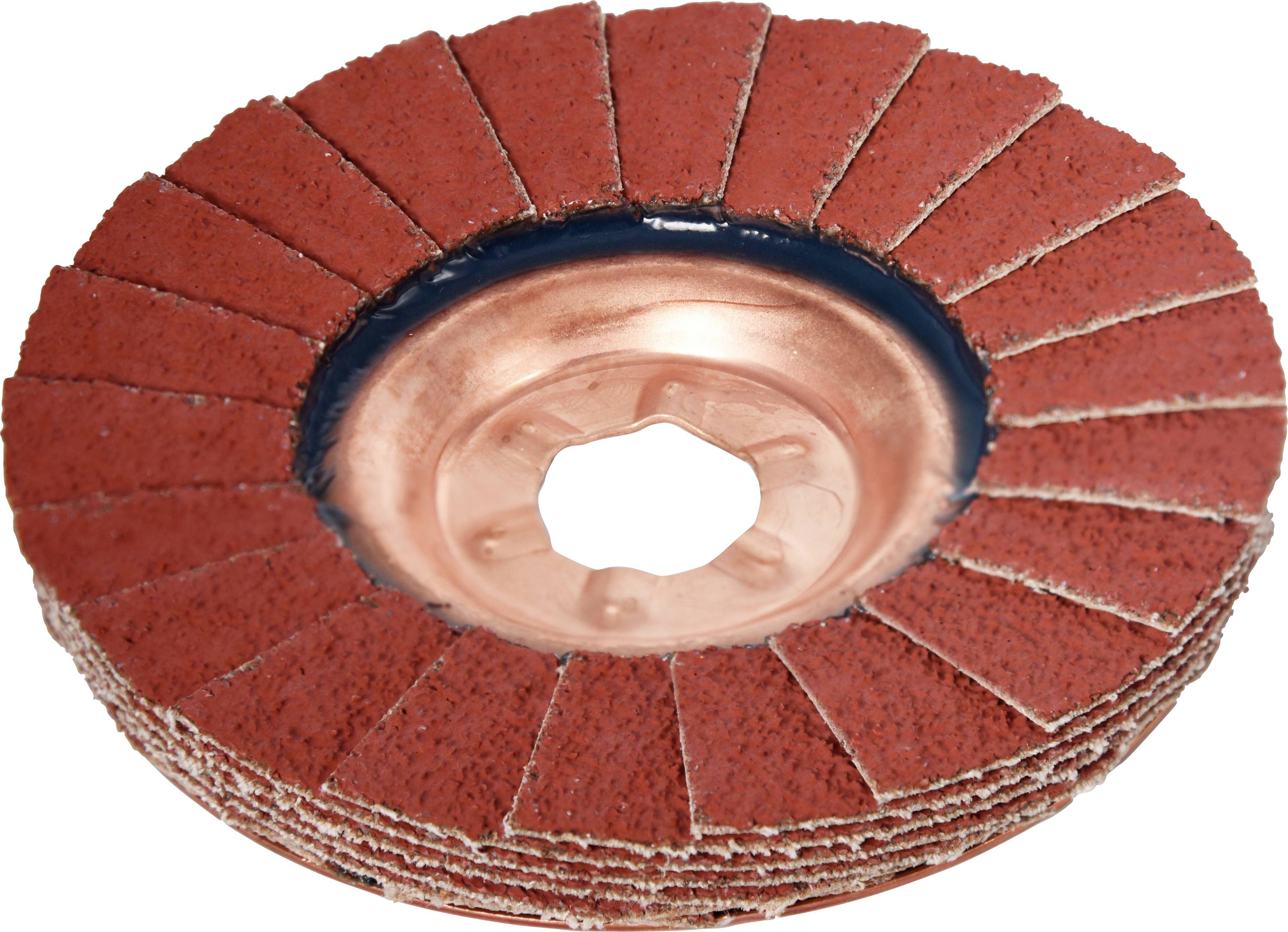 Eine rote Fächerschleifscheibe mit mehreren überlappenden Schleifpapierschichten, die kreisförmig angeordnet sind; typischerweise zum Schleifen und Finishing von Oberflächen verwendet.