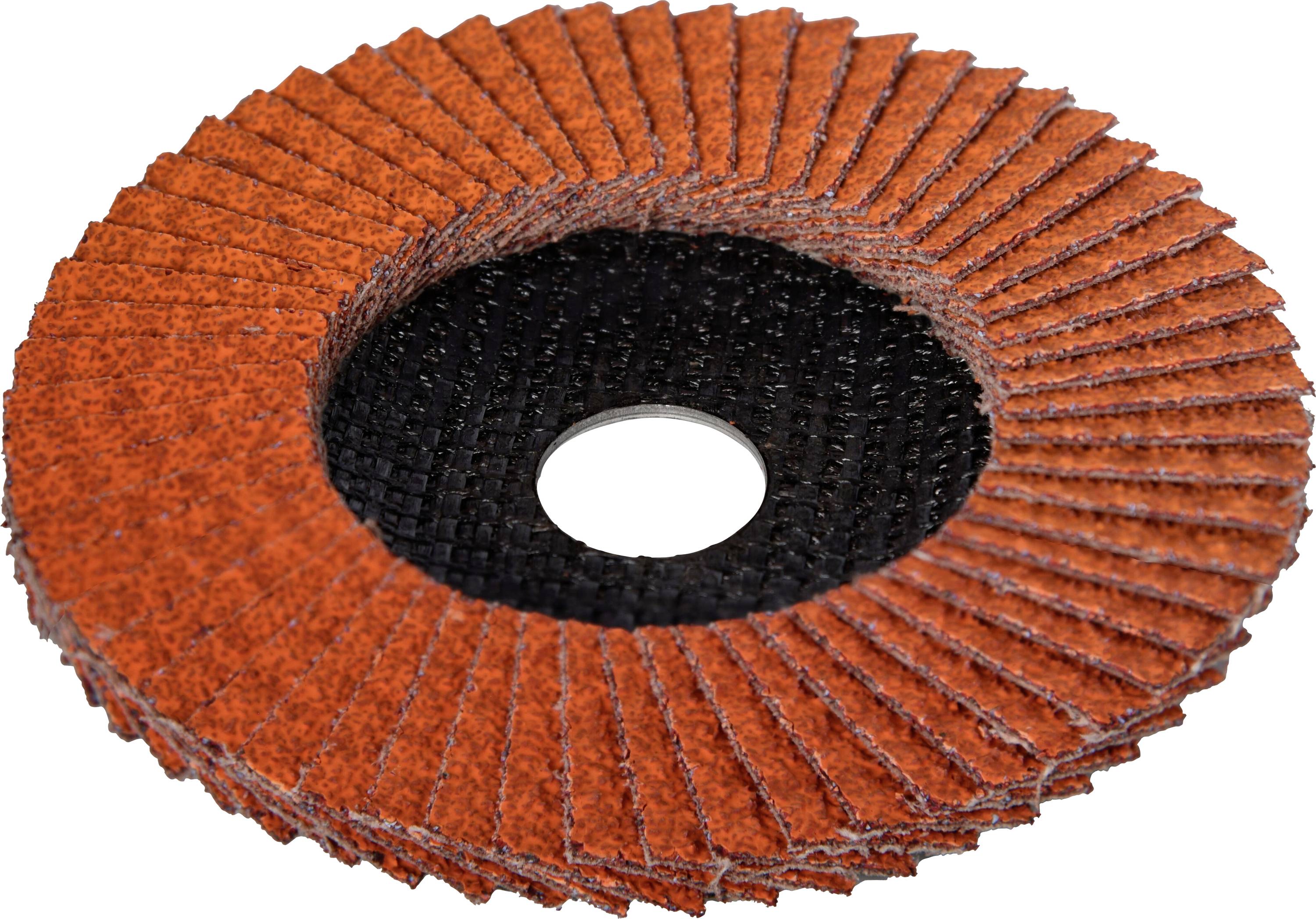 Eine rote, kreisförmige Schleiflamellenscheibe, die zum Schleifen oder Finishing von Oberflächen verwendet wird.