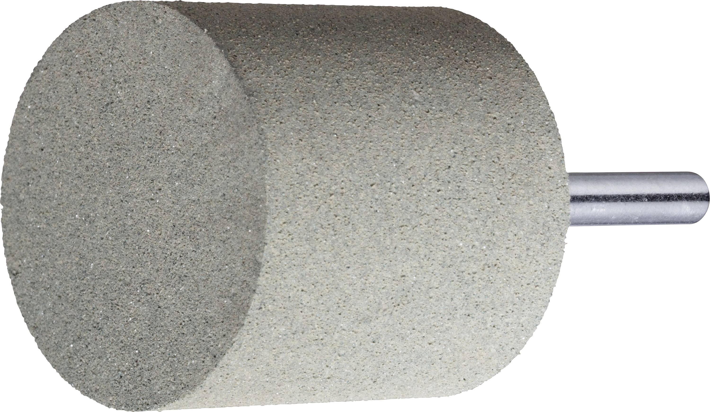 Ein zylindrischer Schleifstein mit einem Metallschaft, verwendet zum Glätten oder Schärfen von Oberflächen.