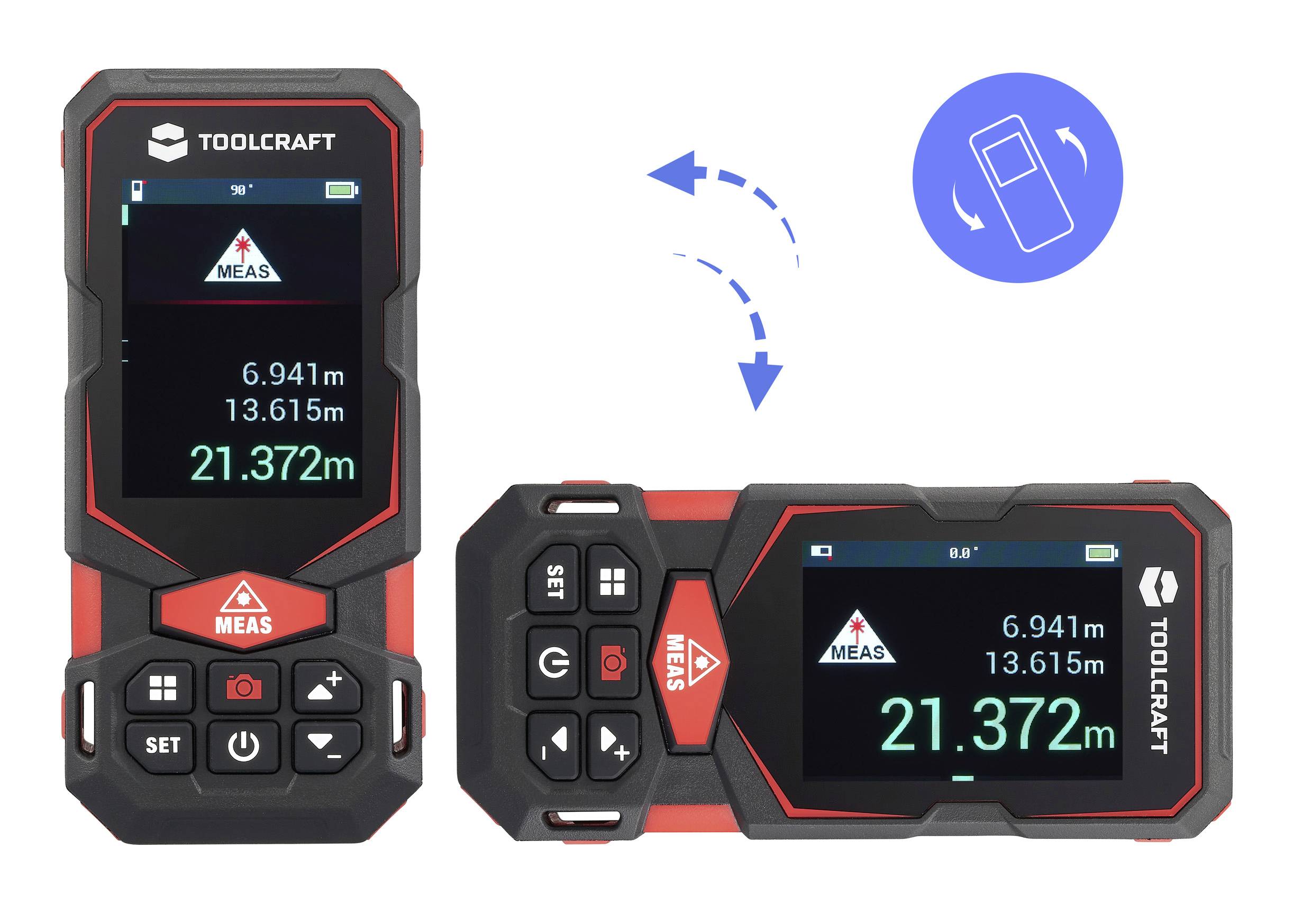 'TOOLCRAFT' Lasermessgerät mit angezeigten Messwerten und Symbolen, die Rotation und alternative Anzeigeausrichtung signalisieren.
