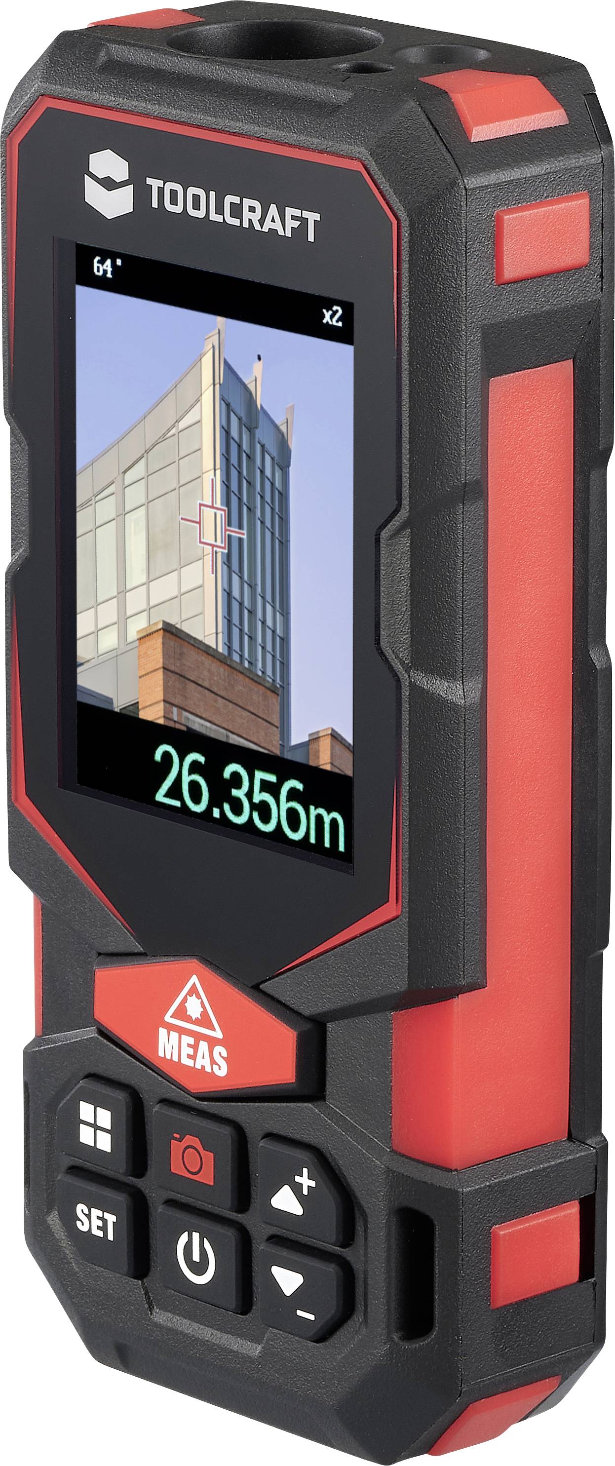 Handheld Toolcraft Laser-Entfernungsmesser, der ein Gebäudefoto und eine Entfernungsanzeige von 26,356 m auf seinem Bildschirm anzeigt.