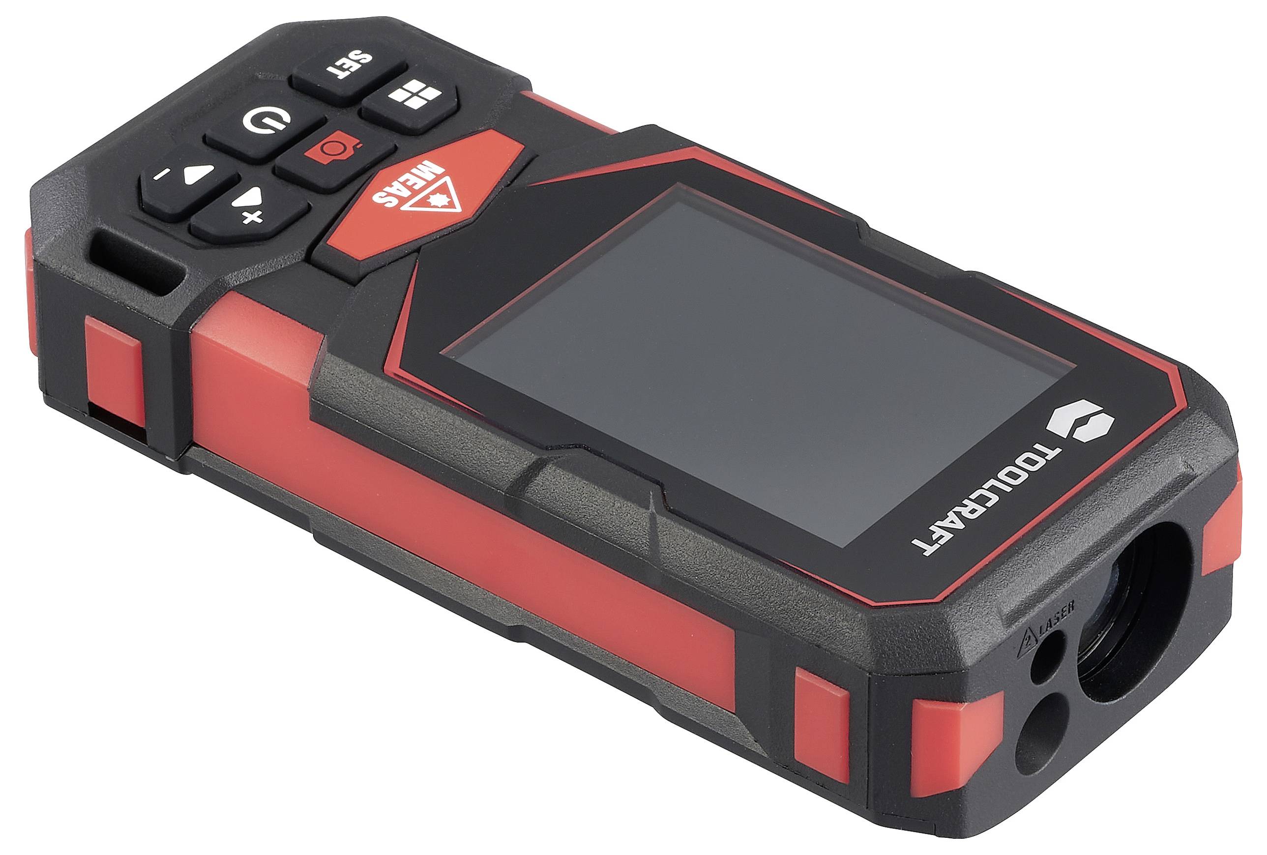 Ein Laserdistanzmesser mit digitalem Display und Bedienungstasten, entwickelt für präzise Messungen bei Bau- und Heimwerker-Projekten.