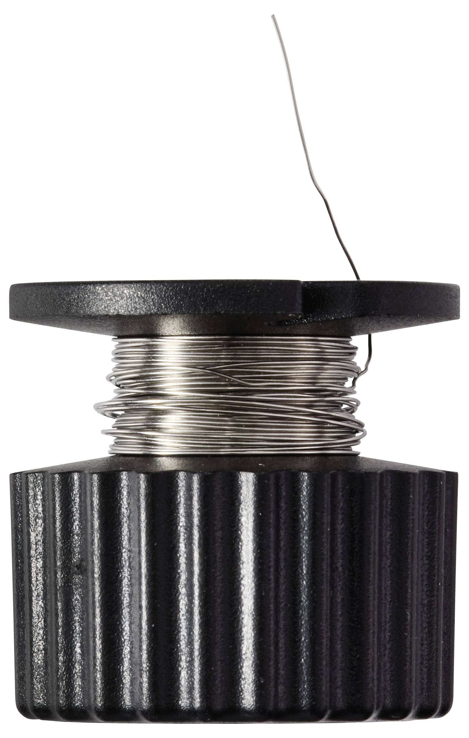 Eine Spule aus feinem Metalldraht, gewickelt um einen schwarzen Kunststoffhalter, wobei der Draht von oben herausragt, vor einem weißen Hintergrund.