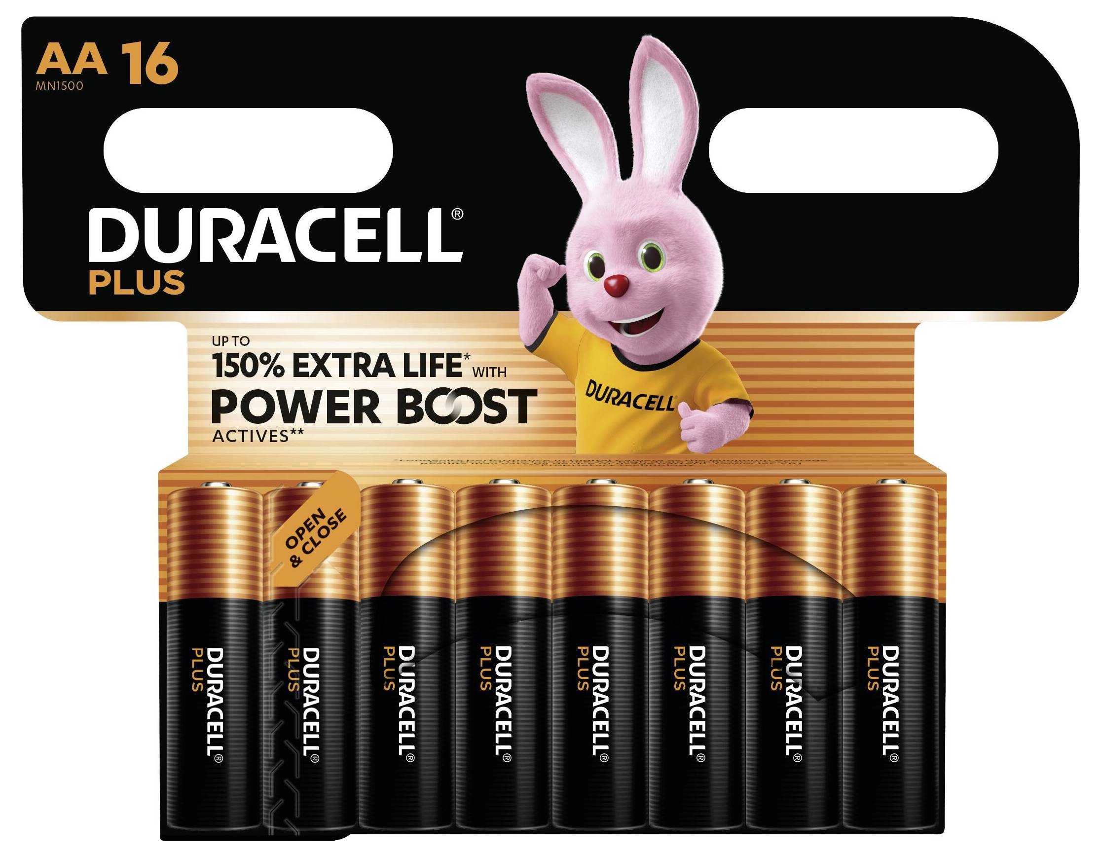 Packung Duracell Plus AA-Batterien mit dem Duracell Bunny auf der Verpackung, mit der Bewerbung von bis zu 150% längerer Lebensdauer mit Power Boost.