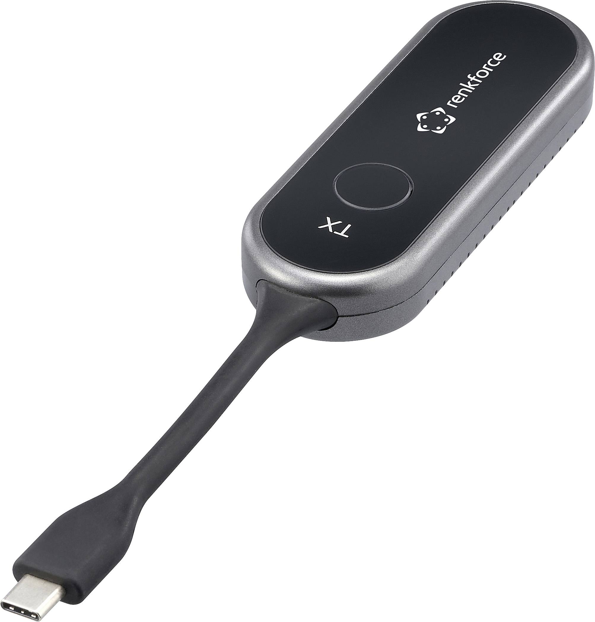 Ein rechteckiger USB-C drahtloser Audiotransmitter mit schwarzer Oberfläche, einem mit 'TX' beschrifteten Knopf und 'linkforce' Branding auf der Außenseite.