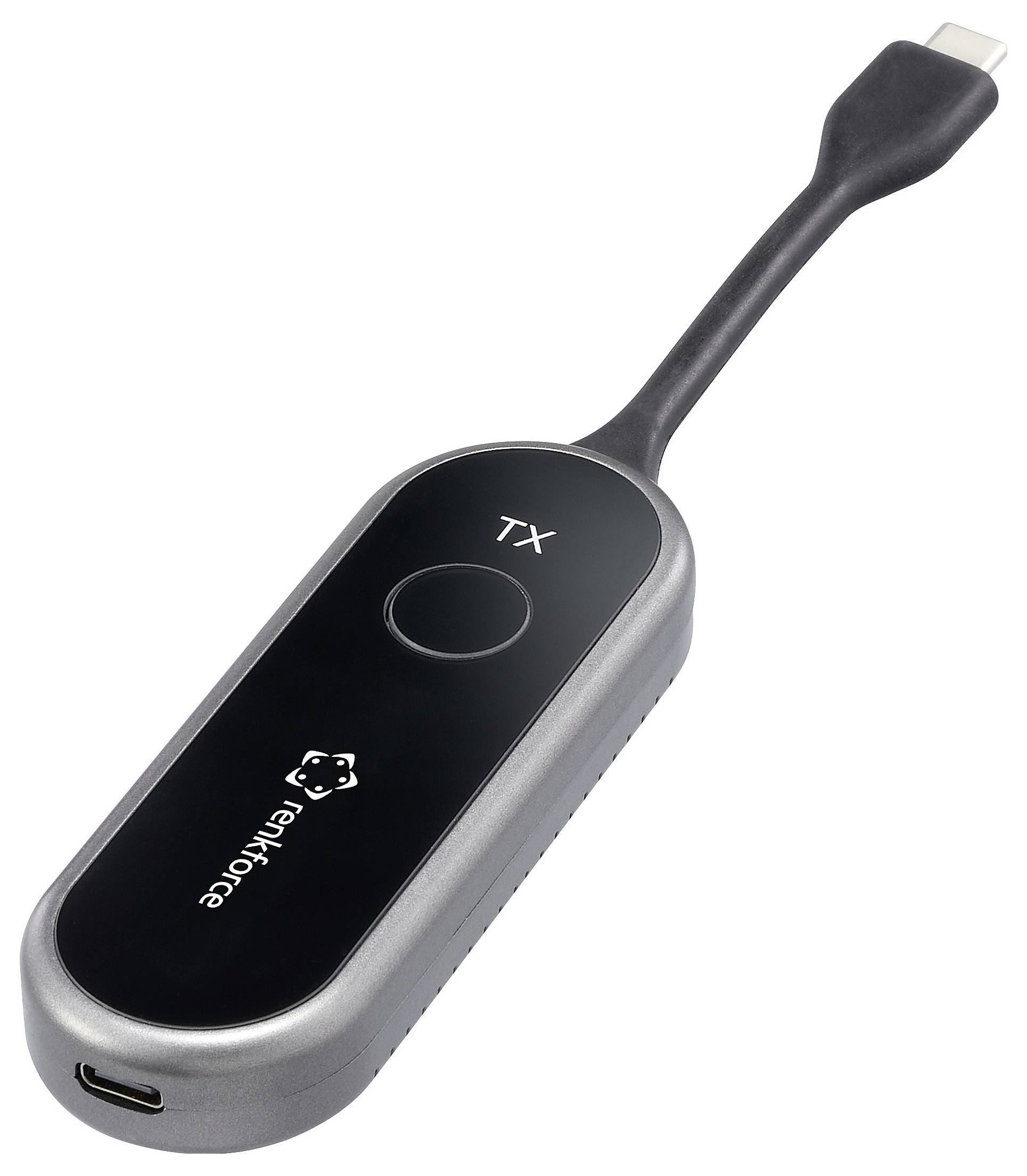 Ein schwarzer Fernbedienungstransmitter mit einer kreisförmigen Taste, die mit TX beschriftet ist, der über ein kurzes, flexibles Kabel mit einem USB-C-Anschluss verbunden ist.