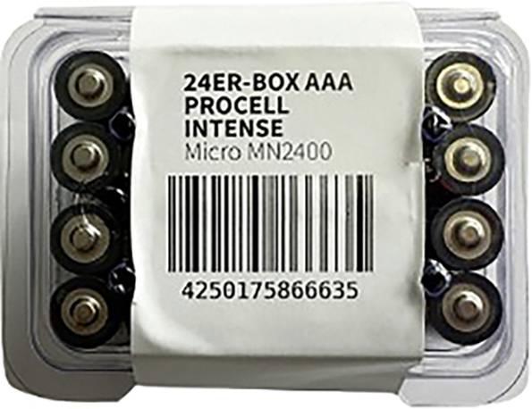 Packung mit 24 Procell Intense AAA-Batterien, gekennzeichnet als '24ER-BOX AAA PROCELL INTENSE Micro MN2400' mit Barcode.