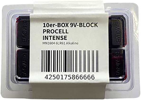 10er-BOX 9V-BLOCK PROCELL INTENSE Verpackung für Alkalibatterien, mit Strichcode 4250175866666.