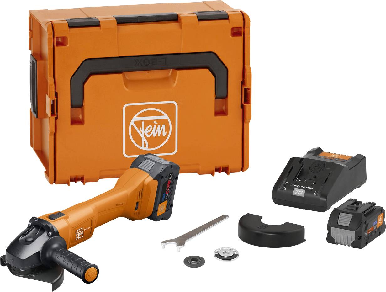 Ein orangefarbenes Werkzeugset umfasst einen Winkelschleifer, Akku, Ladegerät und Zubehör, mit einer Markentasche im Hintergrund.