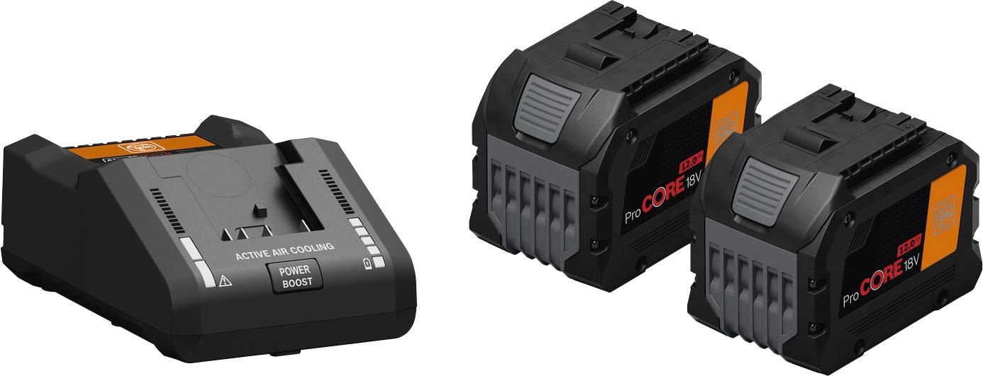 Ladegerät mit zwei drahtlosen Akku-Werkzeugbatterien daneben. Das Ladegerät verfügt an seinem Frontpanel über einen ‚Power Boost'-Modus.