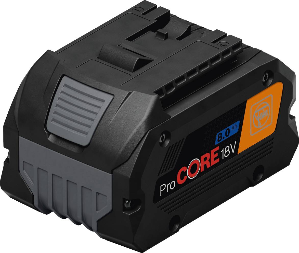 Ein schwarzer und orangefarbener 18V wiederaufladbarer Akkupack mit der Bezeichnung 'ProCORE 18V' und einer Kapazität von 8,0 Ah, der für Elektrowerkzeuge verwendet wird.