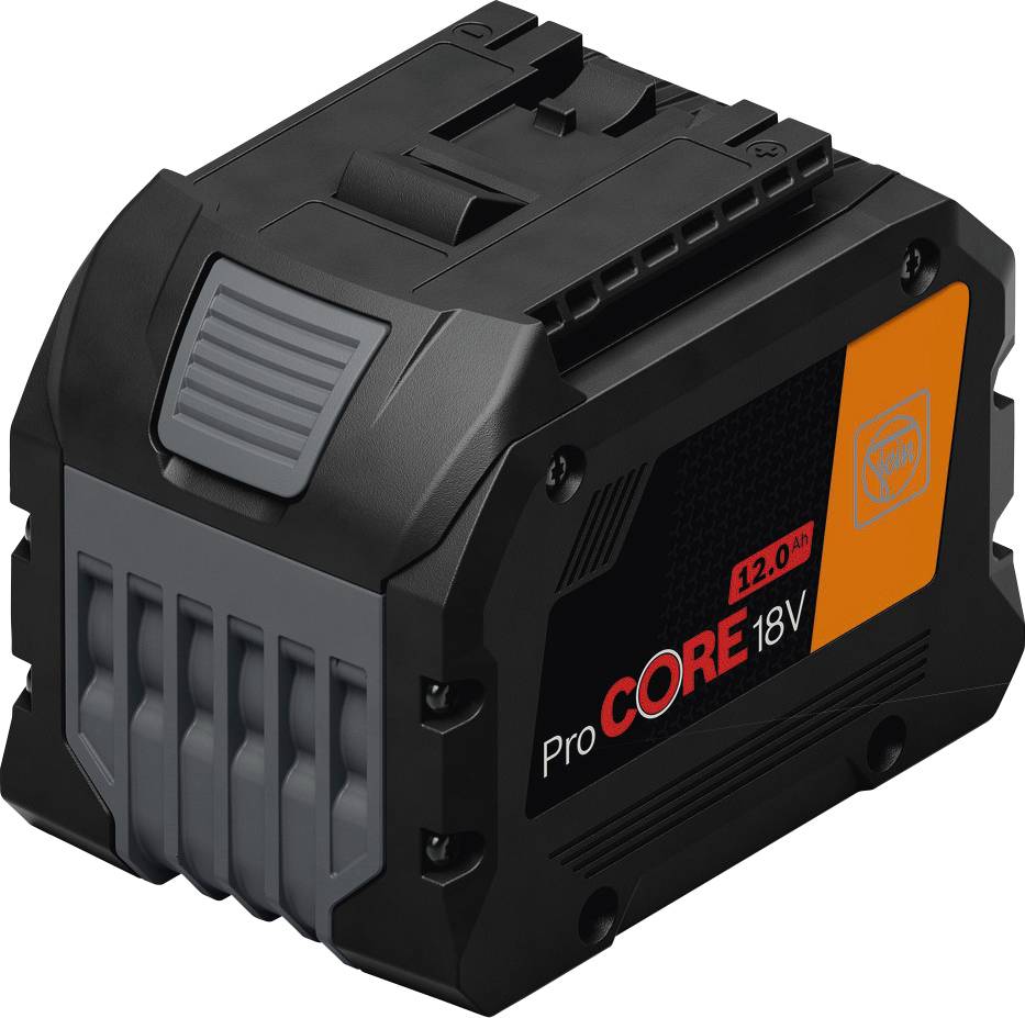 Eine schwarze Akku-Werkzeugbatterie mit der Aufschrift 'ProCORE 18V' und orange-roten Akzenten, die eine Kapazität von 12,0 Ah und Kompatibilität mit Werkzeugen anzeigt.