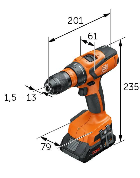 Ein orangefarbener kabelloser Bohrer mit folgenden Abmessungen: 201 mm Länge, 61 mm Breite, 235 mm Höhe, 79 mm Basisdurchmesser und Bohrfuttergröße von 1,5-13 mm.