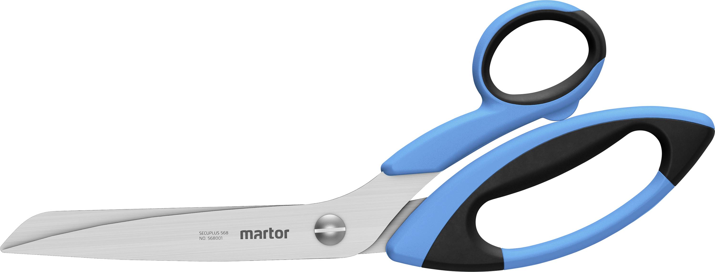 Eine ergonomische Schere mit blauen und schwarzen Griffen, Klingen aus Edelstahl und einem Markenlogo, das in der Nähe des Drehpunkts in die Klinge eingraviert ist.