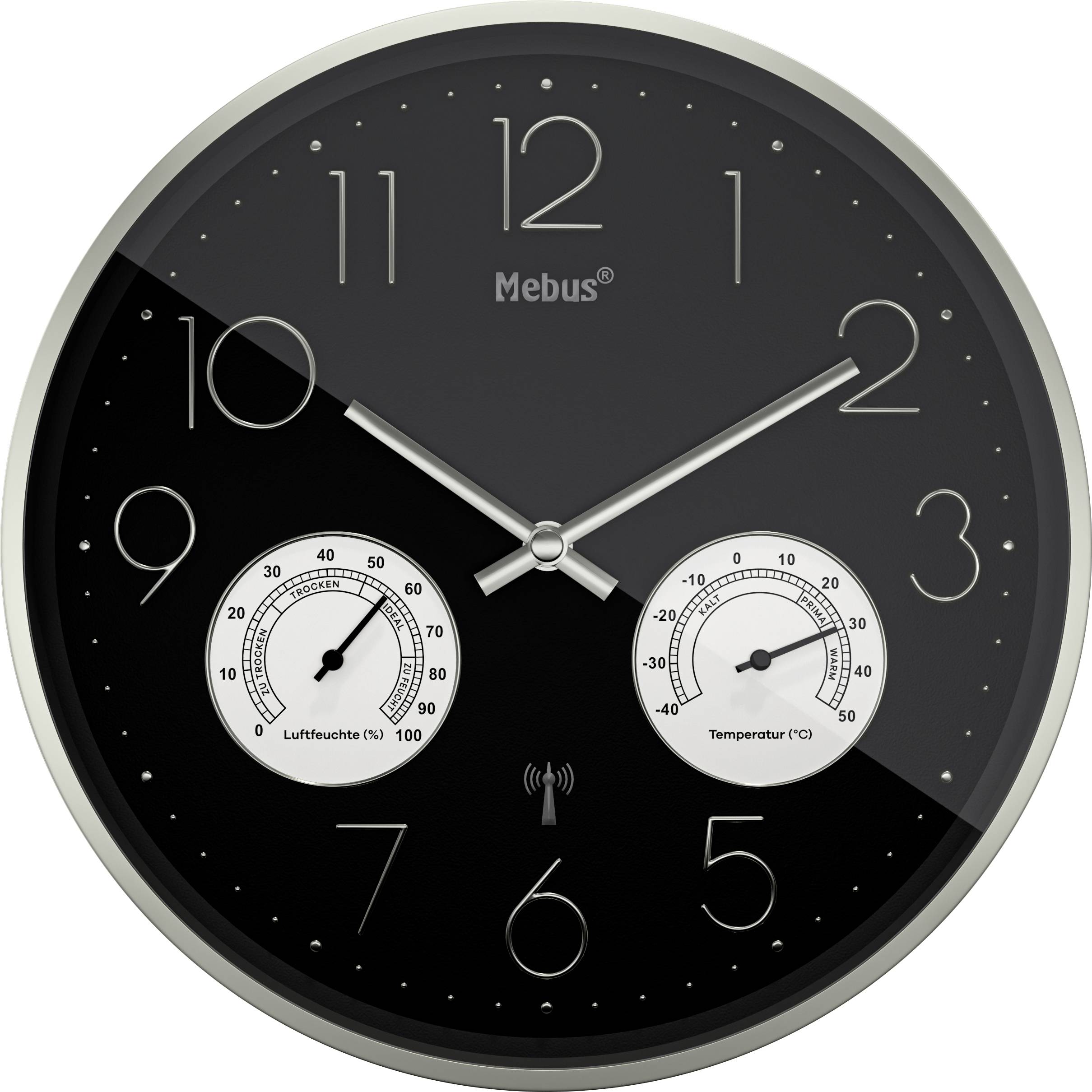 Analoge Wanduhr mit schwarzem Zifferblatt, die die Zeit von ungefähr 10:09 Uhr anzeigt. Darunter befinden sich Luftfeuchtigkeits- und Temperaturanzeigen.
