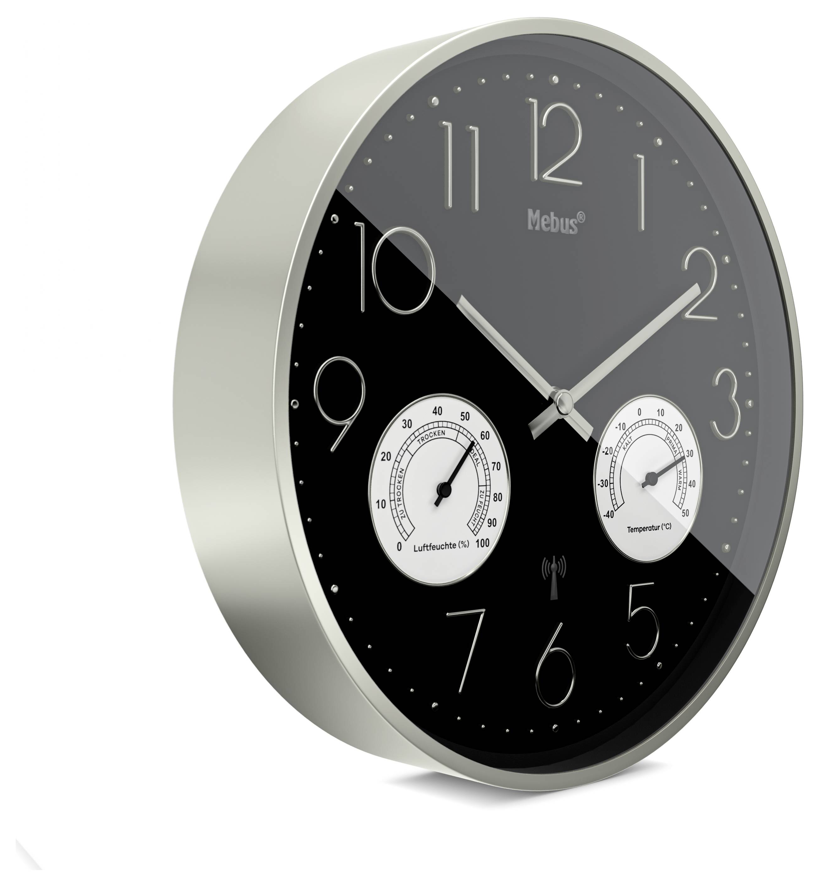 Eine Wanduhr mit schwarzem Zifferblatt, großen weißen Ziffern und zwei kleineren Zifferblättern zur Anzeige von Luftfeuchtigkeit und Temperatur.
