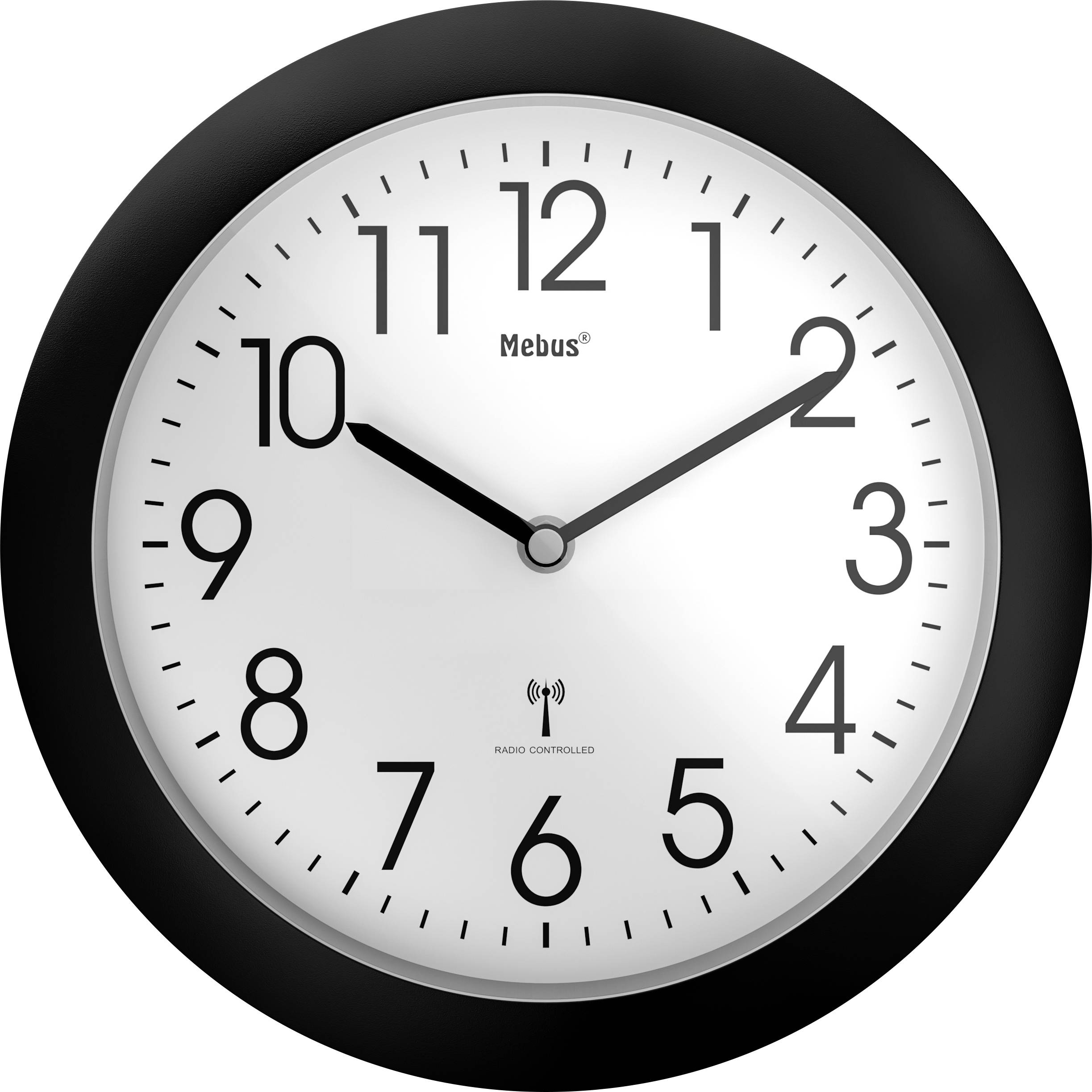 Eine runde Wanduhr mit schwarzem Rand, die die Zeit 10:10 anzeigt. Sie hat schwarze Stundenmarkierungen und Zeiger auf weißem Zifferblatt.