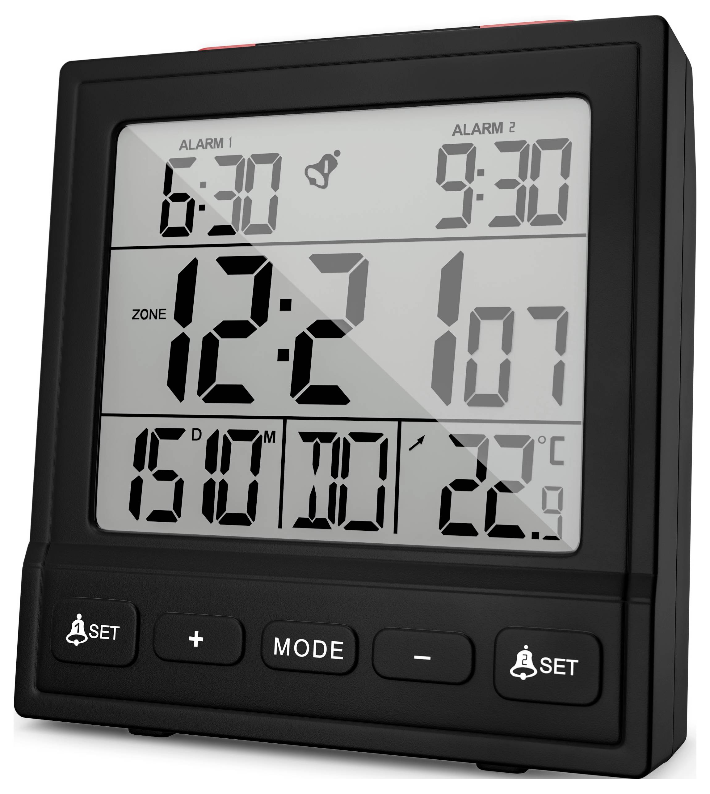 Ein digitaler Wecker, der zwei Alarme für 6:30 und 9:30 anzeigt, aktuelle Zeit 12:21, Datum 15., Tag Montag und Temperatur 22°C.