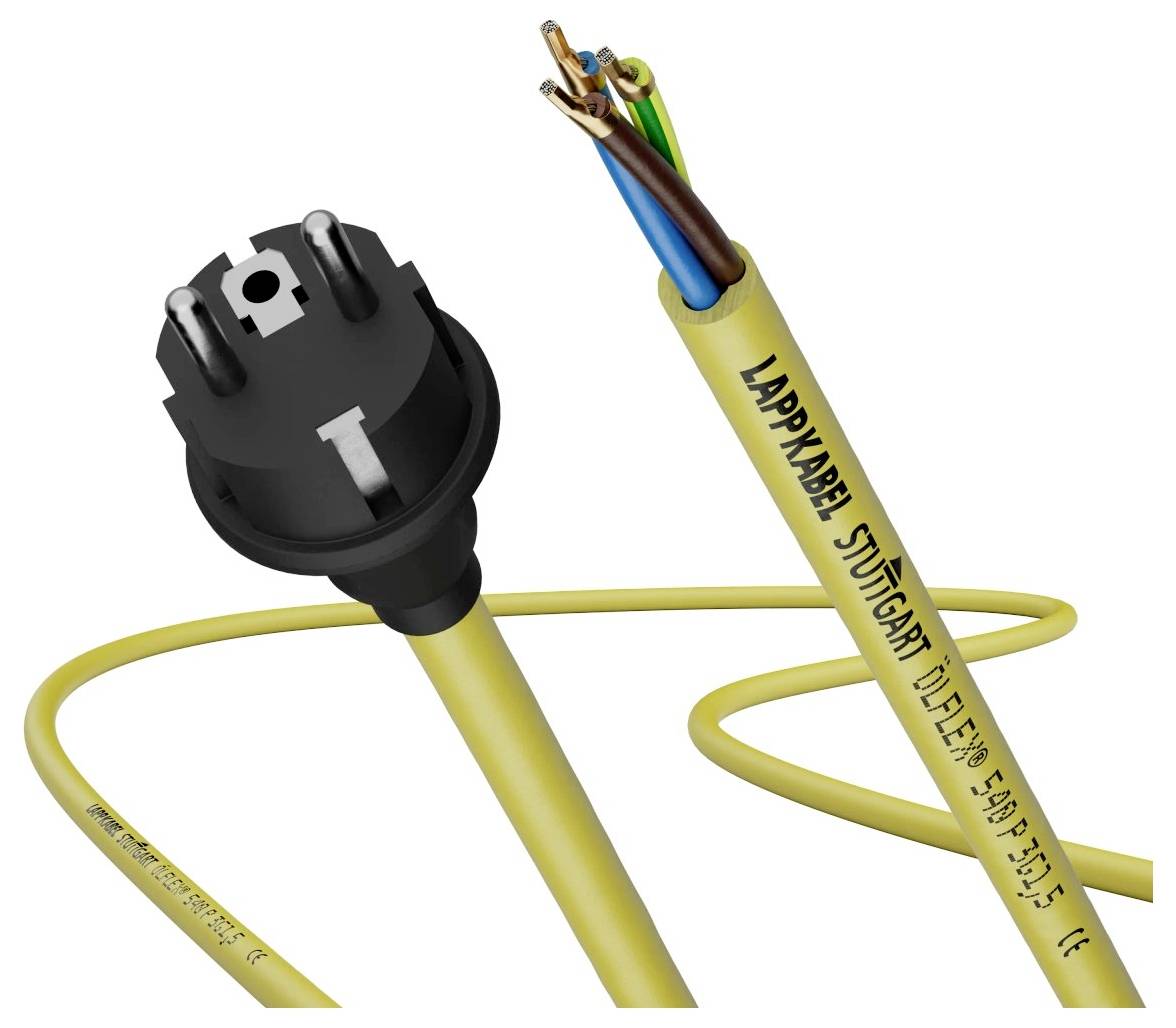 Ein gelbes elektrisches Kabel mit einem Stecker und freiliegenden farbigen Leitern. Das Kabel ist mit 'LAPP KABEL' und 'STUTTGART' beschriftet.