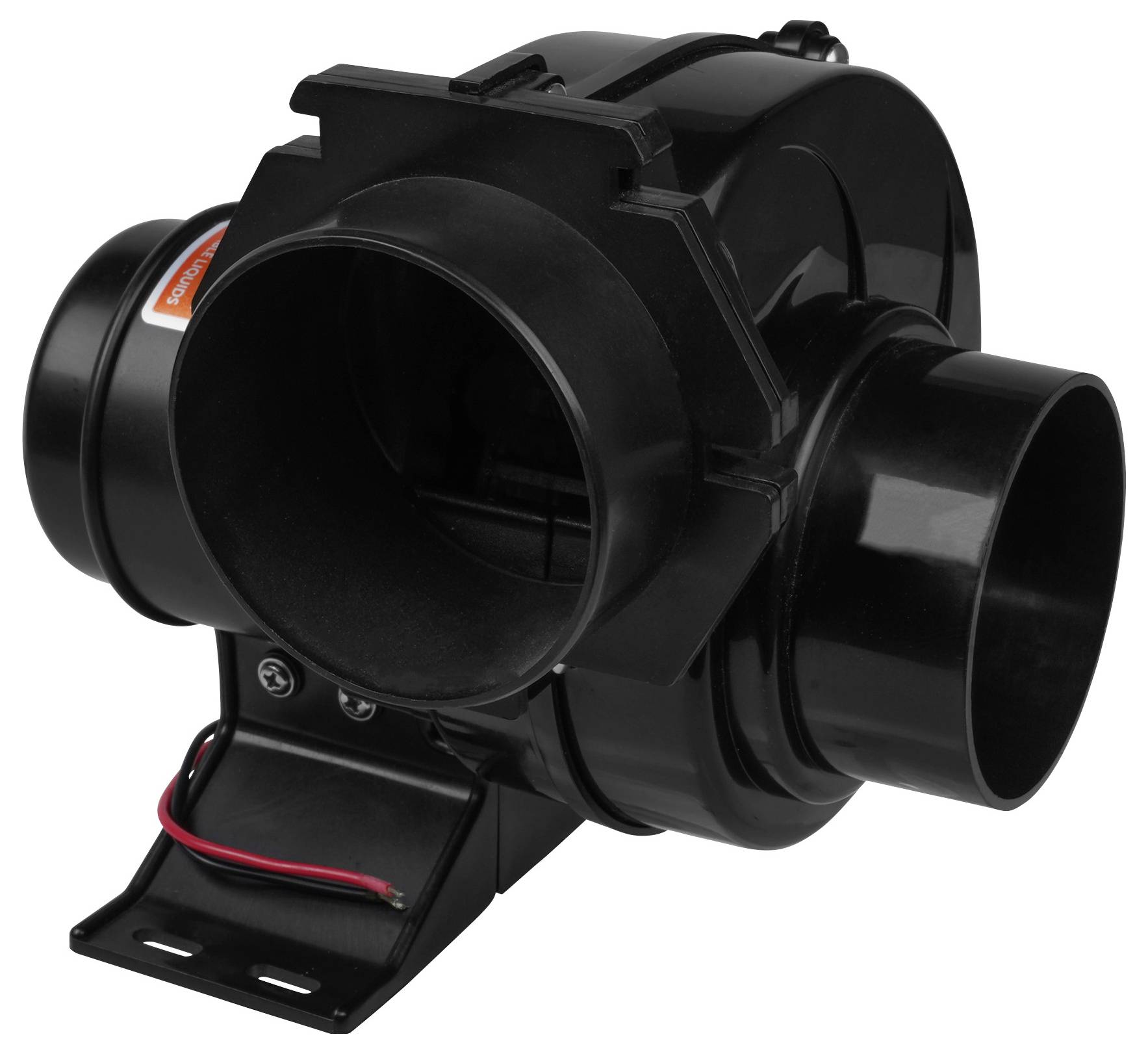 Ein schwarzer Inline-Rohrlüfter mit Befestigungshalterung und rot-schwarzen Anschlussleitungen, konzipiert für Belüftungssysteme.