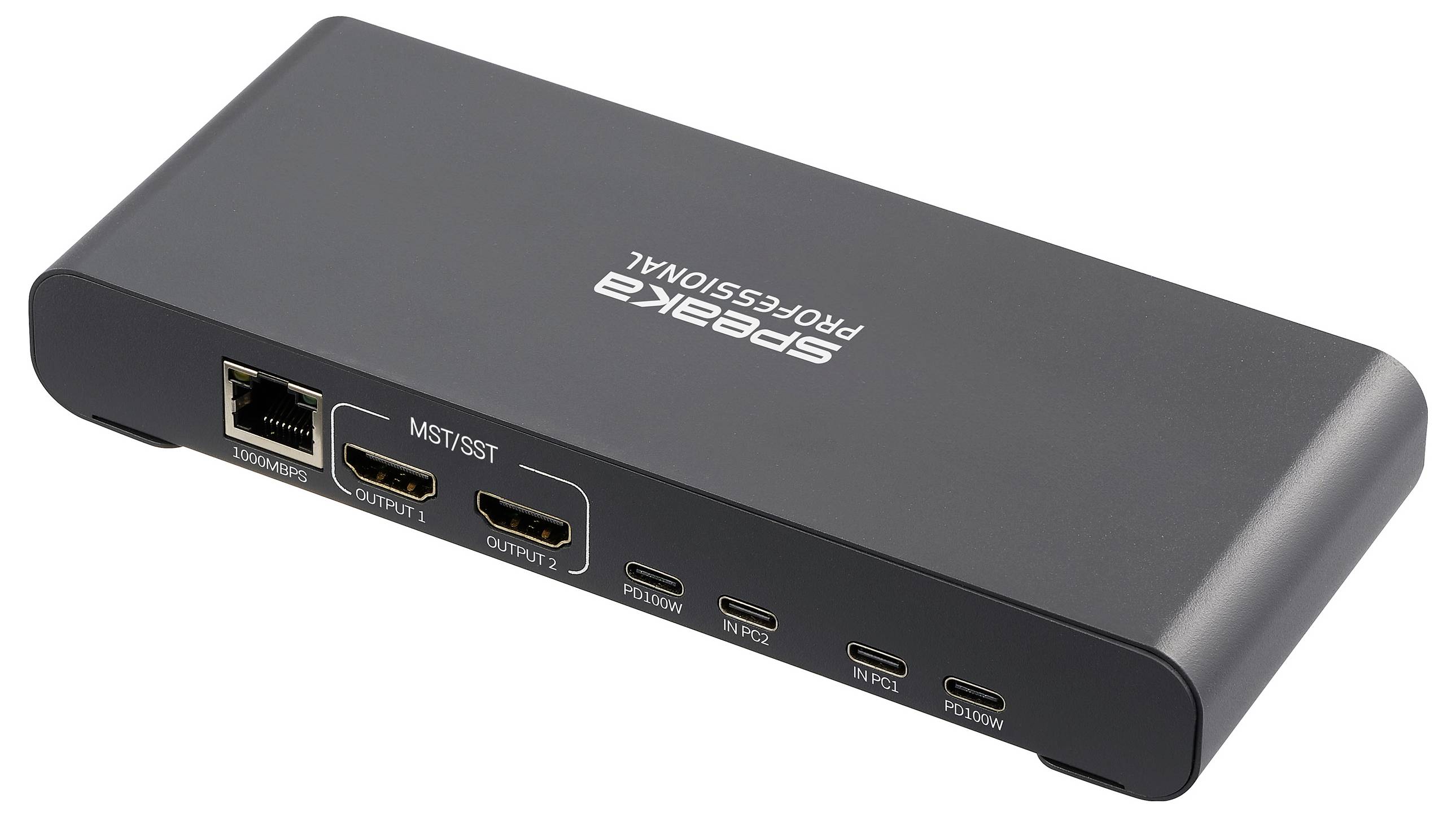 Eine elegante, schwarze Dockingstation mit mehreren Anschlüssen, darunter Ethernet, HDMI und USB-C, die vor einem weißen Hintergrund präsentiert wird.