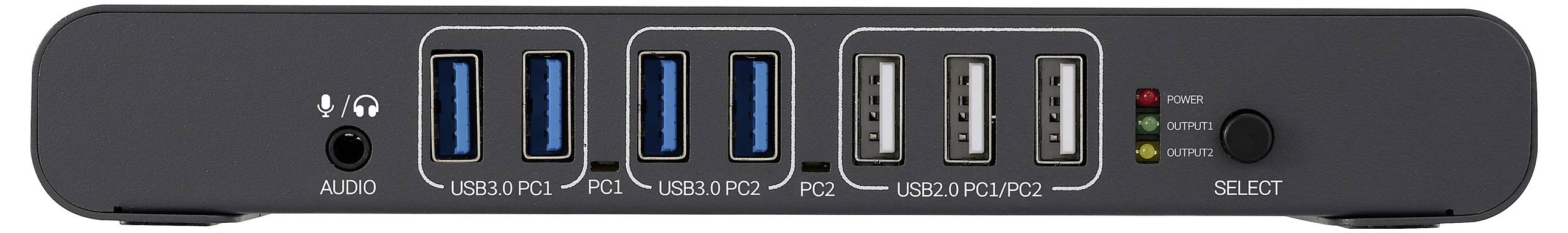 Ein schwarzes elektronisches Gerät mit mehreren USB-Ports, einem Audioeingang und Statusanzeige-Leuchten auf der rechten Seite; mit den Beschriftungen 'USB 3.0' und 'PC'.