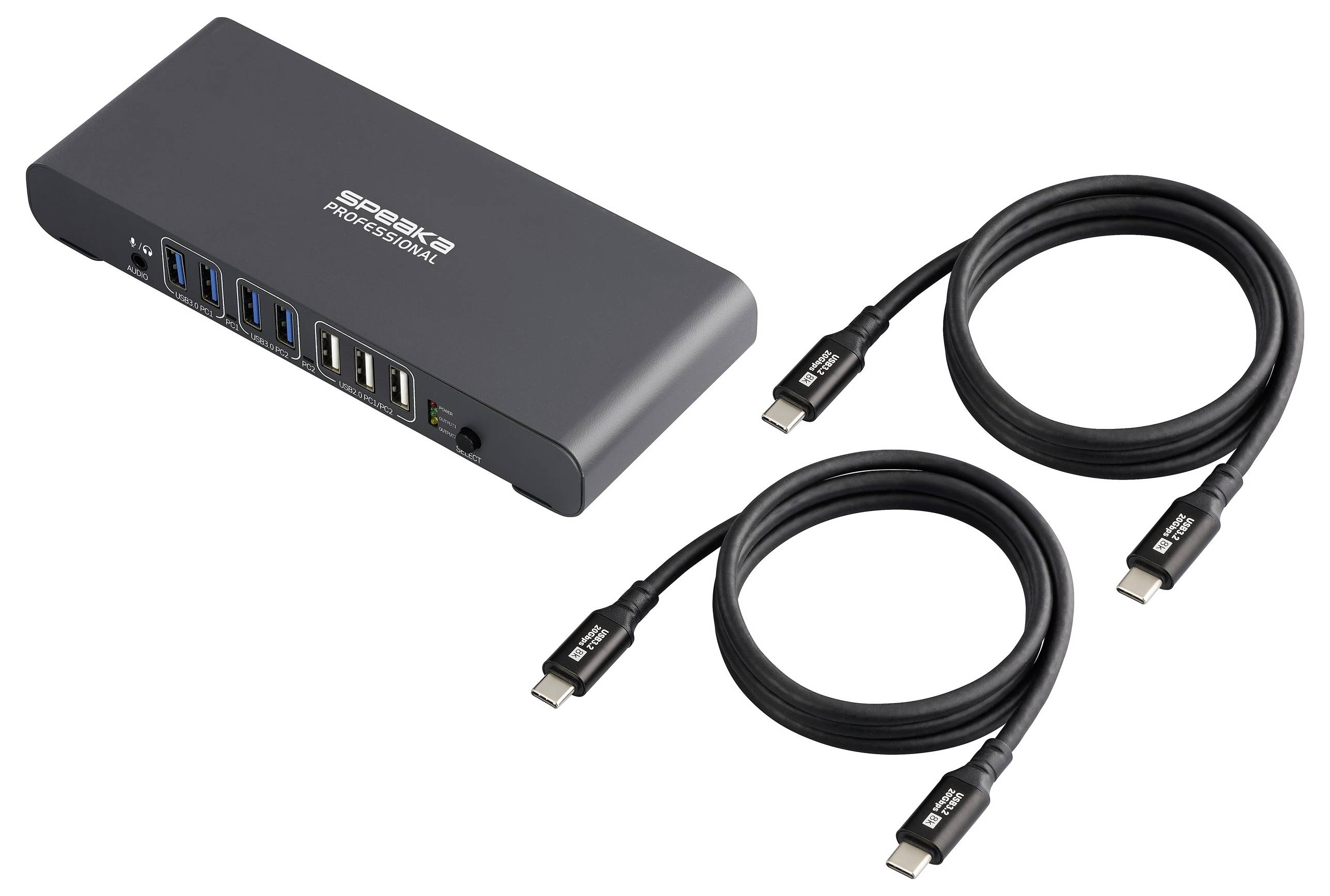 Ein Dockingstation mit mehreren USB-Anschlüssen und anderen Anschlüssen, zusammen mit zwei USB-C-Kabeln.