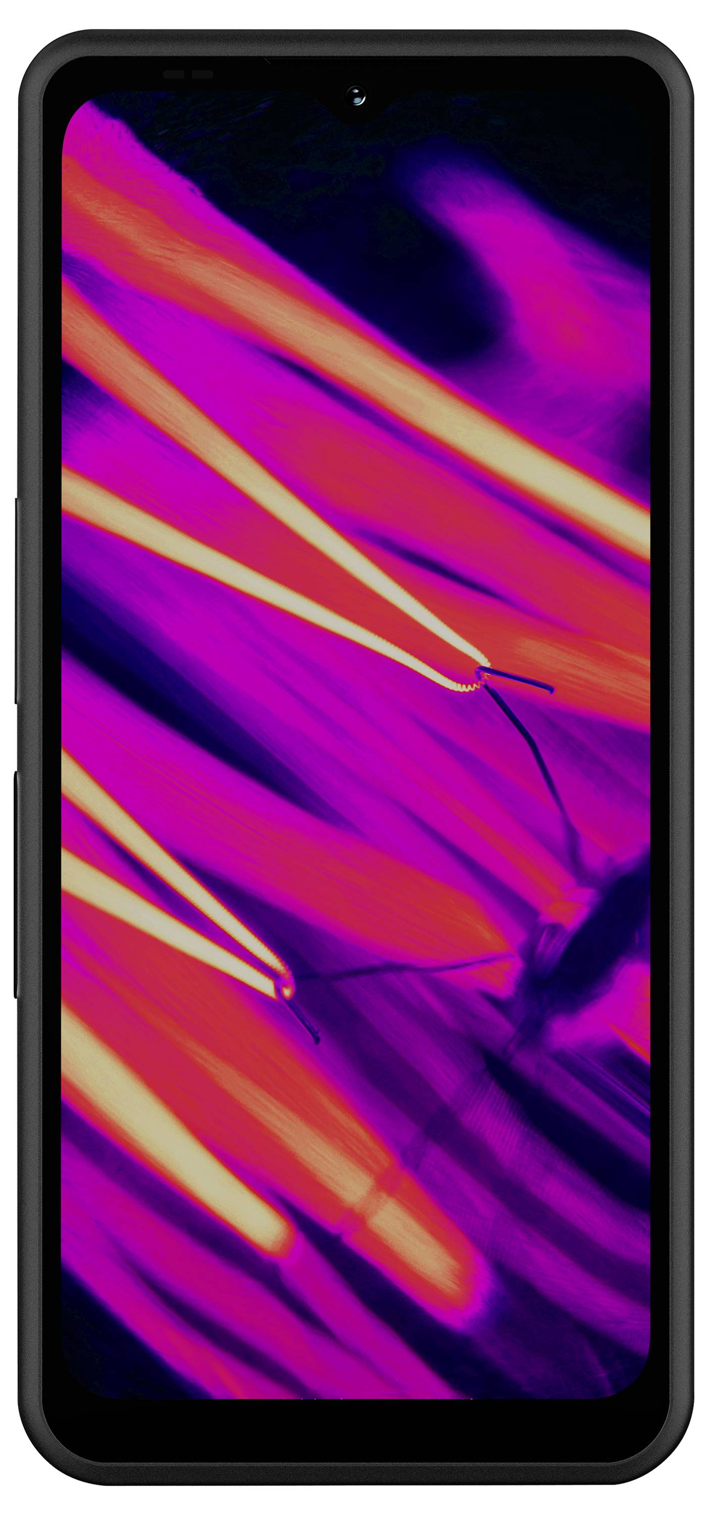 Ein Smartphone mit einem lebendigen abstrakten Hintergrund aus rosa, orangefarbenen und violetten Neonstreifen auf einem dunklen Bildschirm.