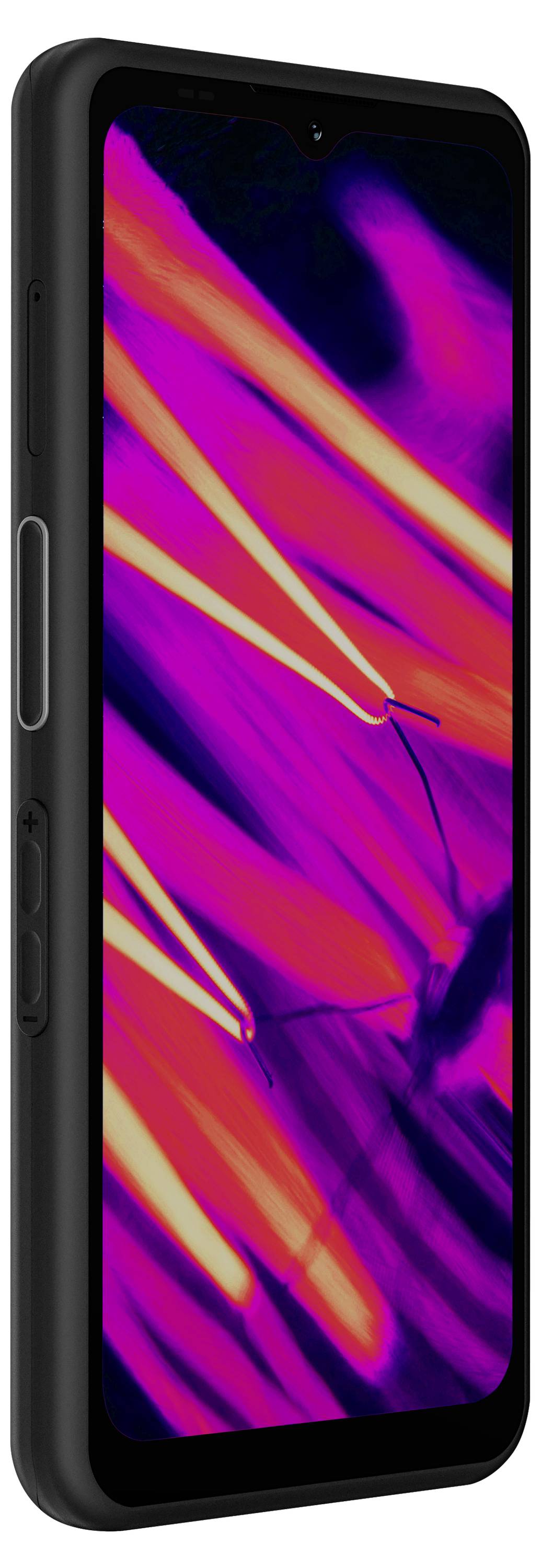 Ein Smartphone mit einem farbenfrohen, abstrakten Display, das lebendige rosa und orange Streifen vor einem dunklen Hintergrund zeigt.