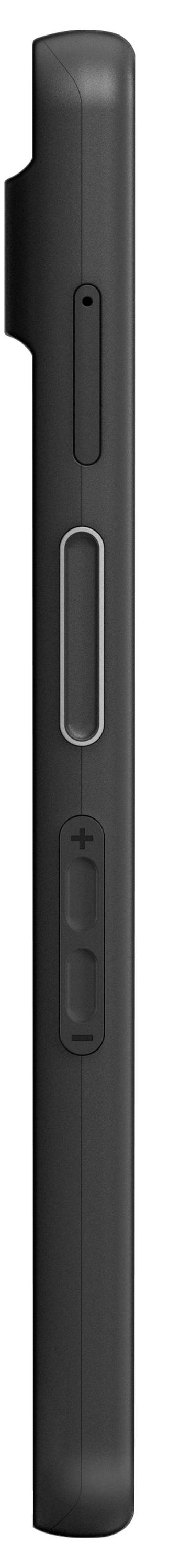 Seitenansicht eines Smartphones, die die Lautstärketasten und einen SIM-Kartensteckplatz auf der rechten Kante in schwarzer Ausführung zeigt.