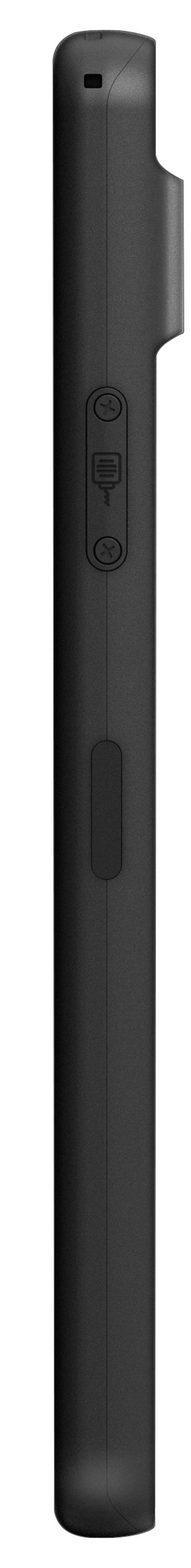 Seitenansicht eines dünnen schwarzen Smartphones mit Lautstärketasten und Einschalttaste.
